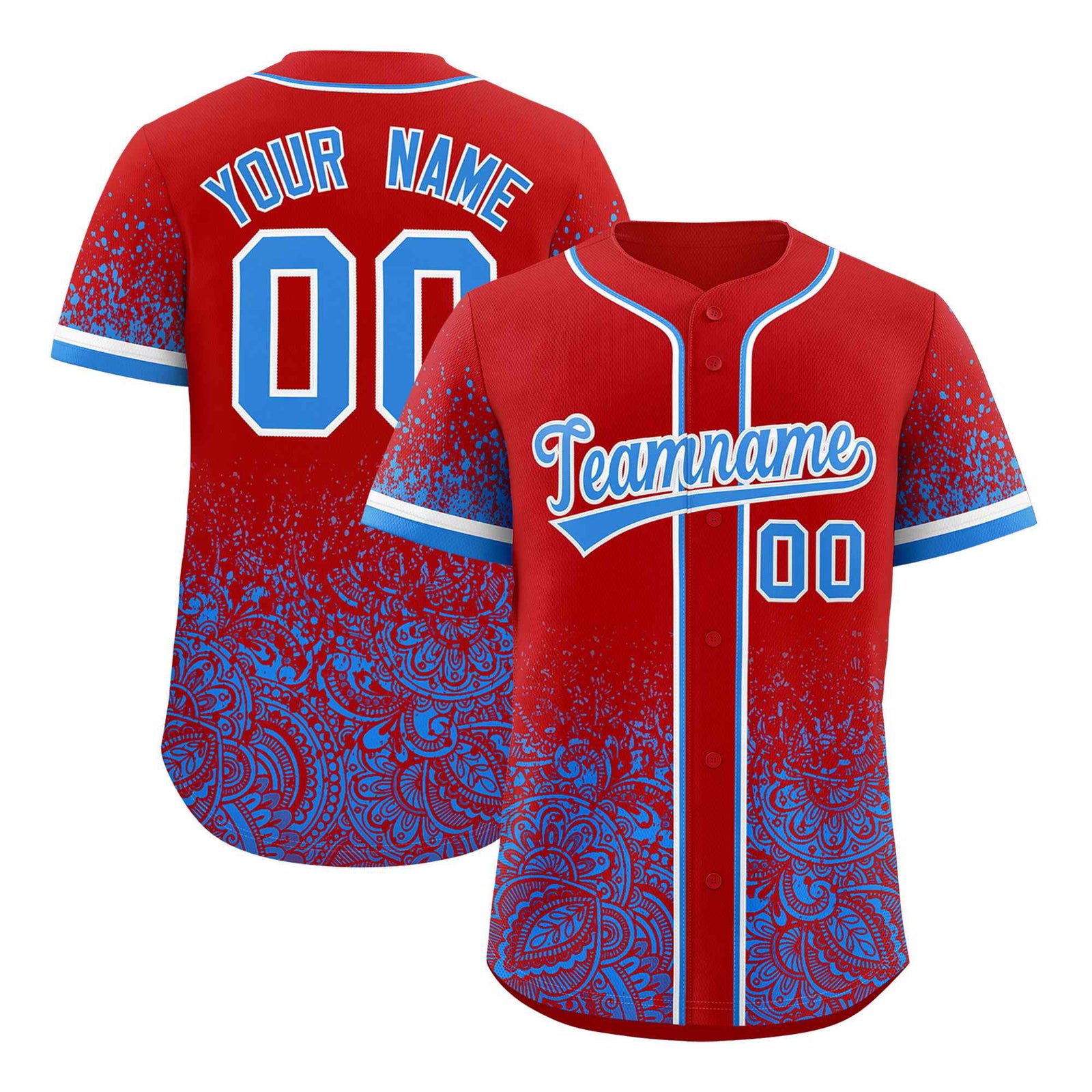 Custom Red Light Blue Floral Print Pattern Full Button Gradient Fashion Baseball Jersey