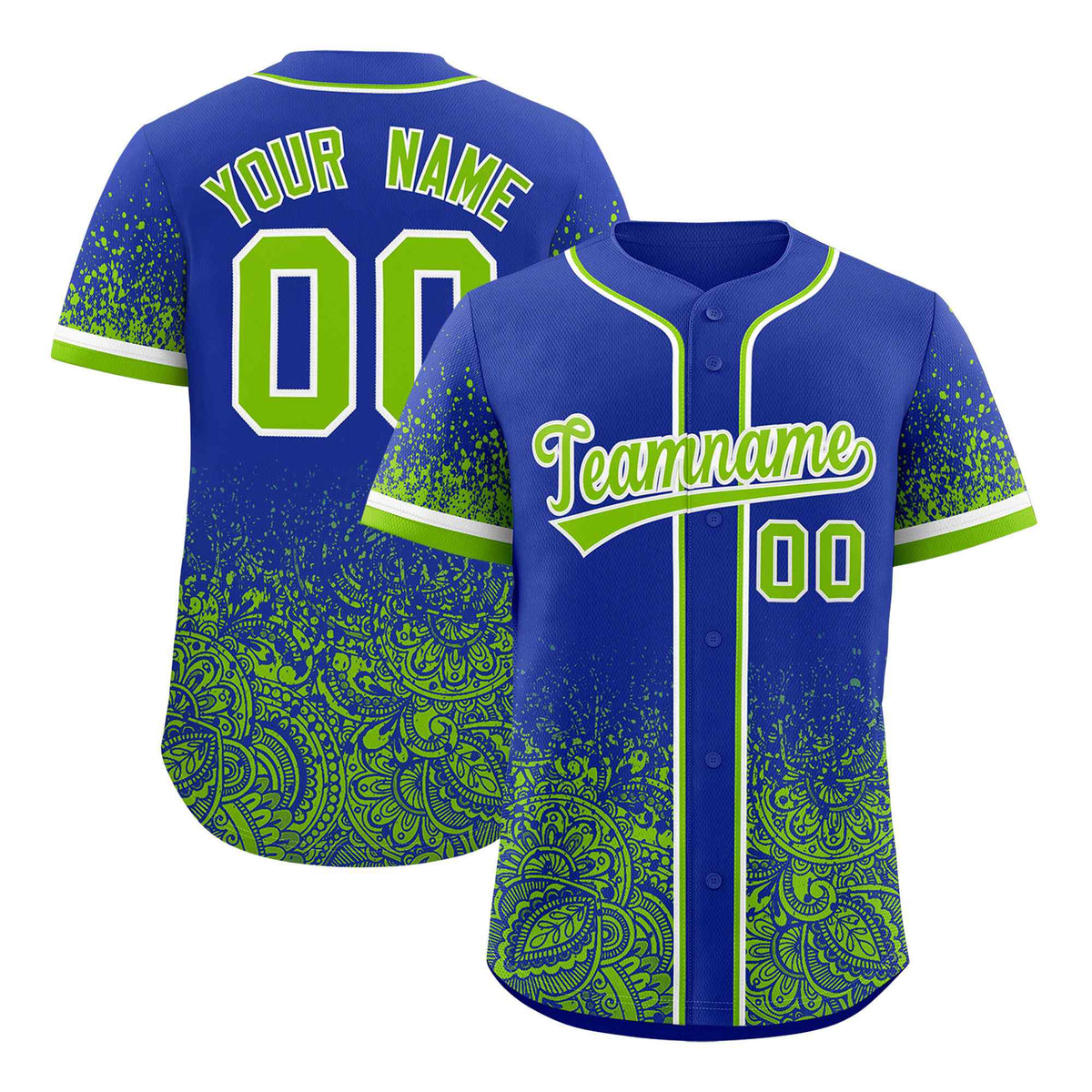 Custom Royal Neon Green Floral Print Pattern Full Button Gradient Fashion Baseball Jersey