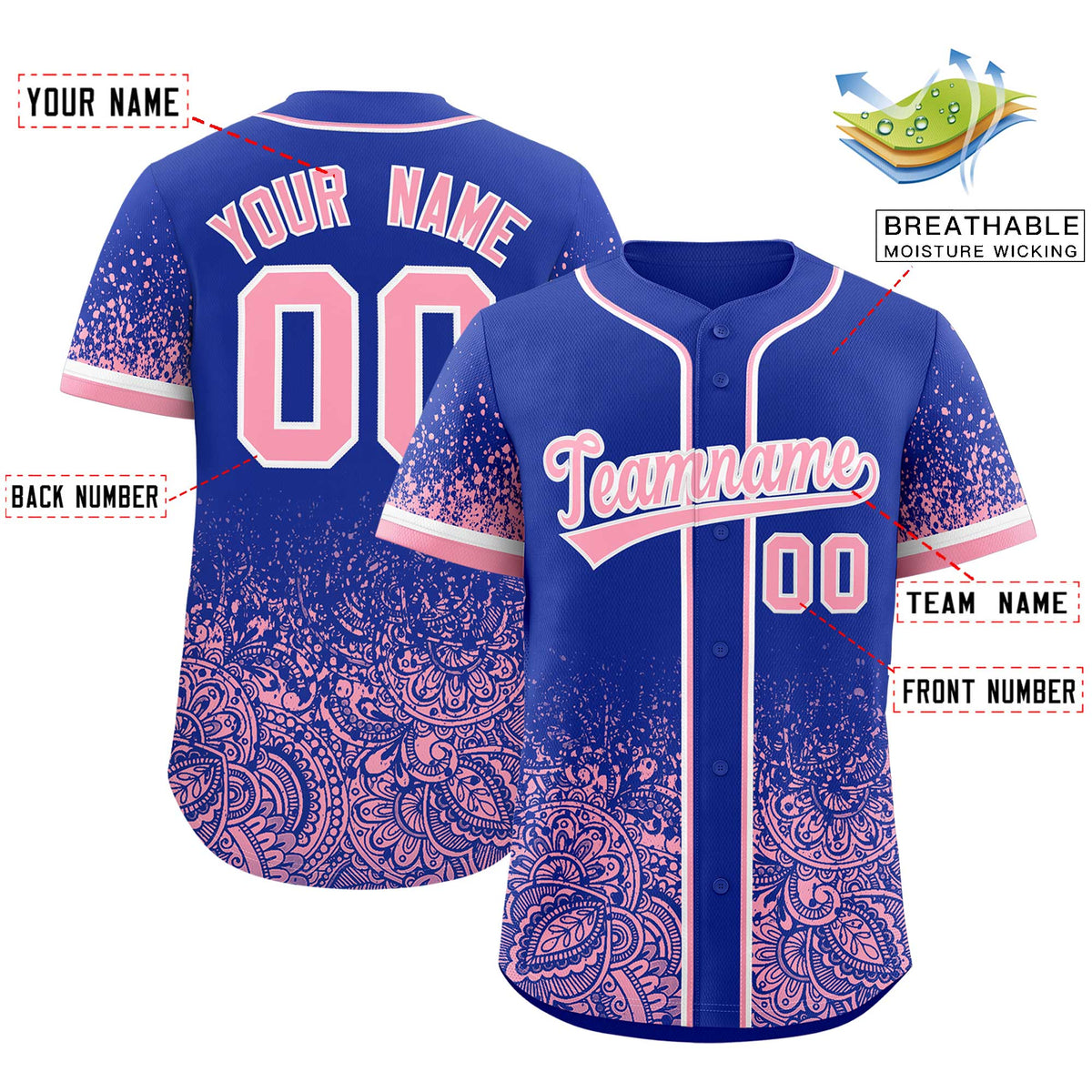 Custom Royal Light Pink Floral Print Pattern Full Button Gradient Fashion Baseball Jersey