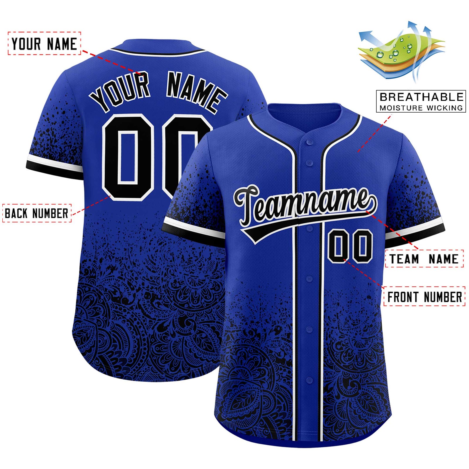 Custom Royal Black Floral Print Pattern Full Button Gradient Fashion Baseball Jersey