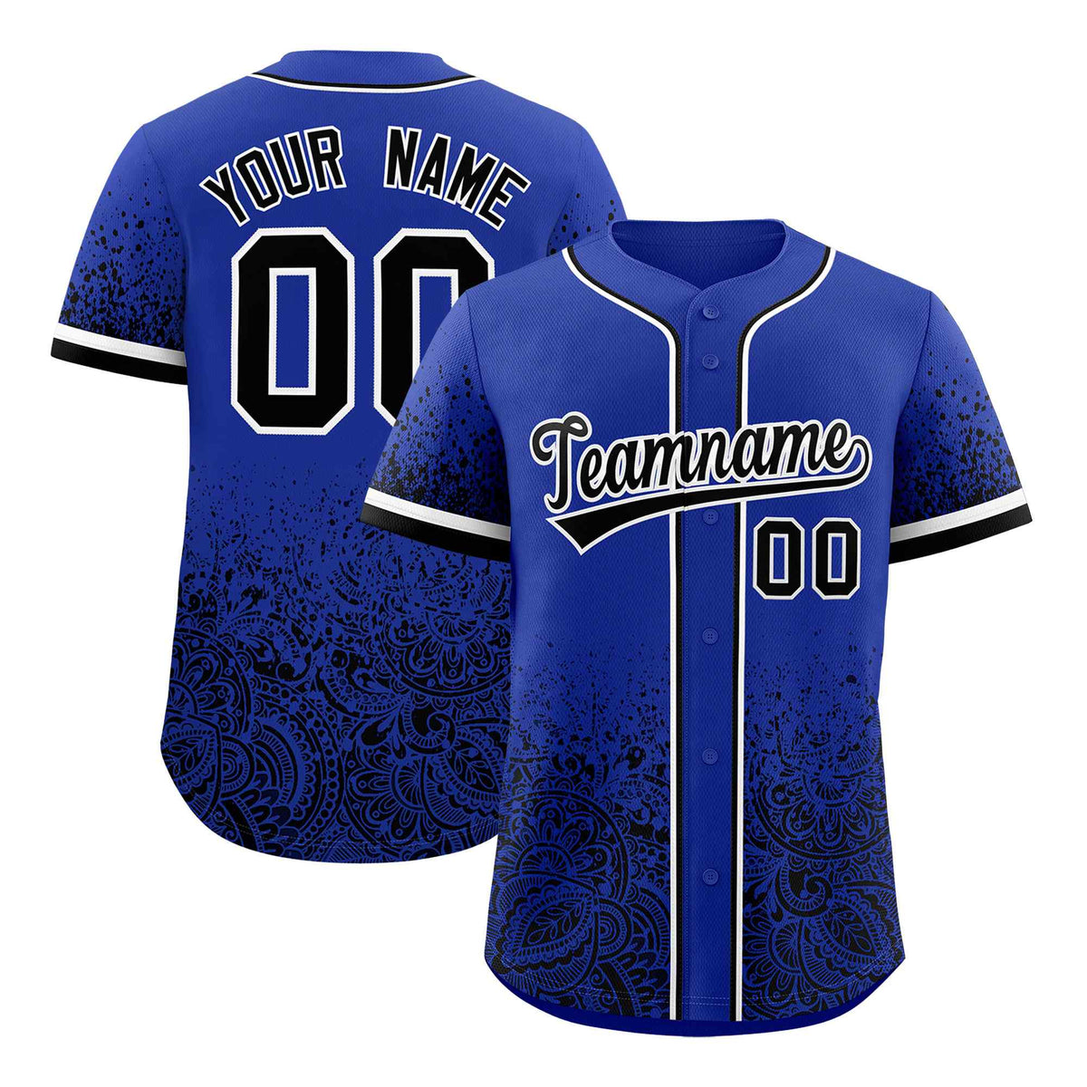Custom Royal Black Floral Print Pattern Full Button Gradient Fashion Baseball Jersey