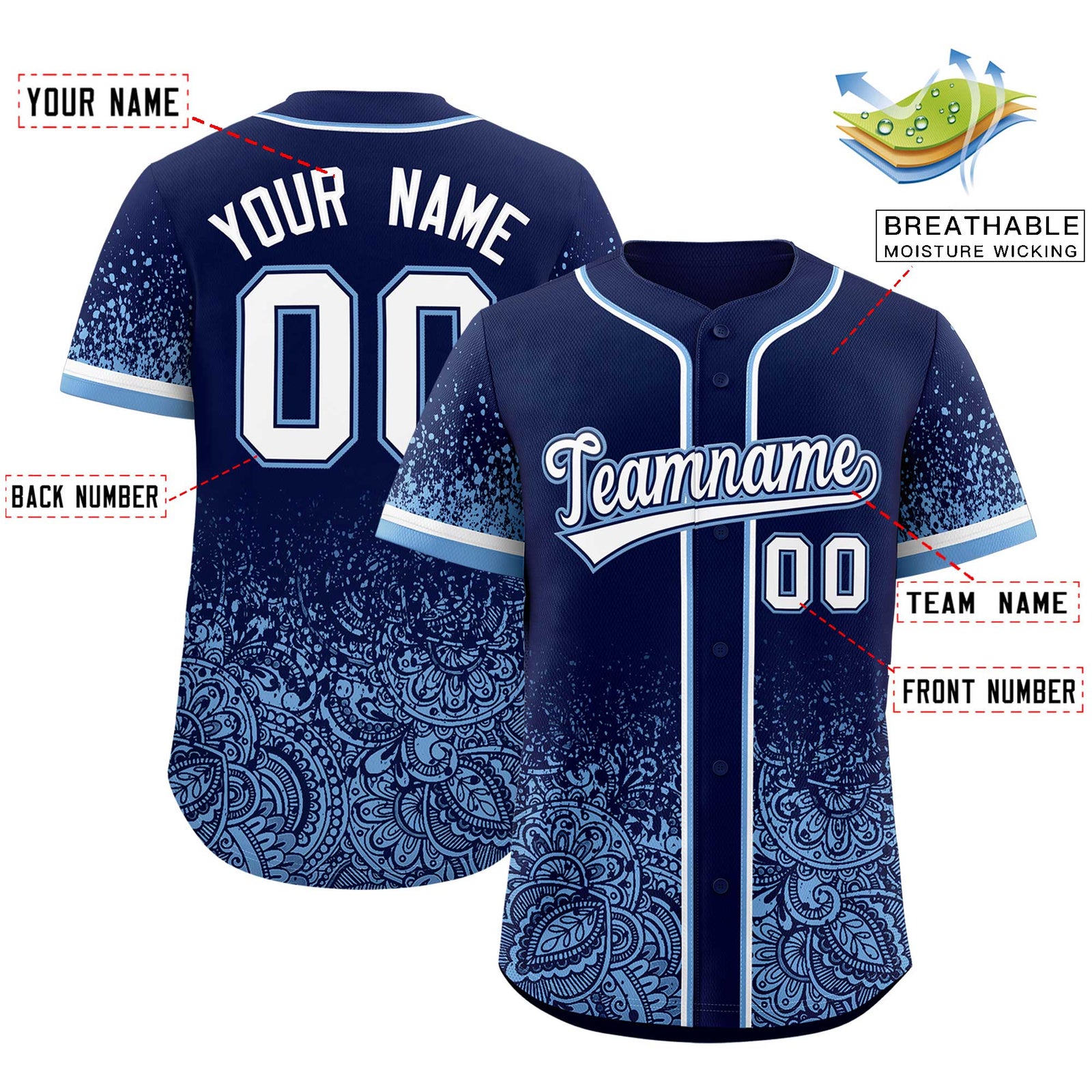 Custom Navy Powder Blue Floral Print Pattern Full Button Gradient Fashion Baseball Jersey