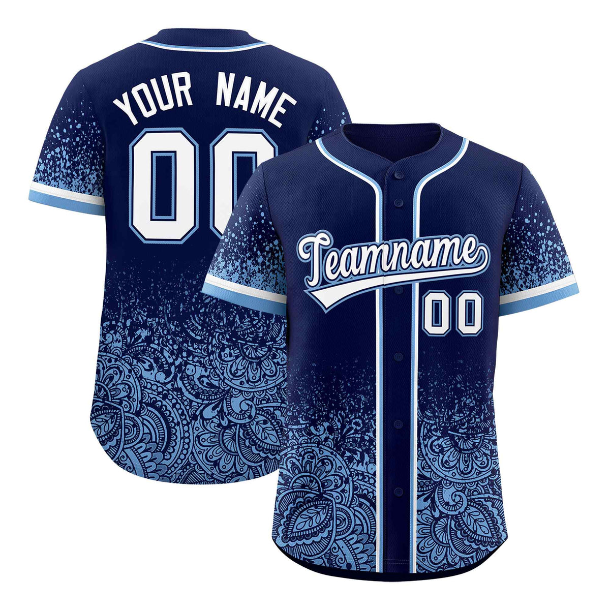 Custom Navy Powder Blue Floral Print Pattern Full Button Gradient Fashion Baseball Jersey