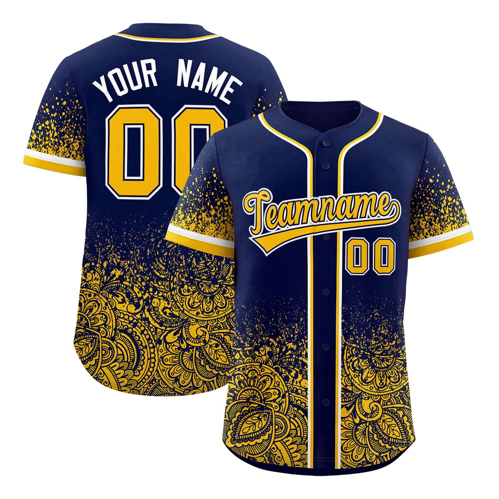 Custom Navy Yellow Floral Print Pattern Full Button Gradient Fashion Baseball Jersey