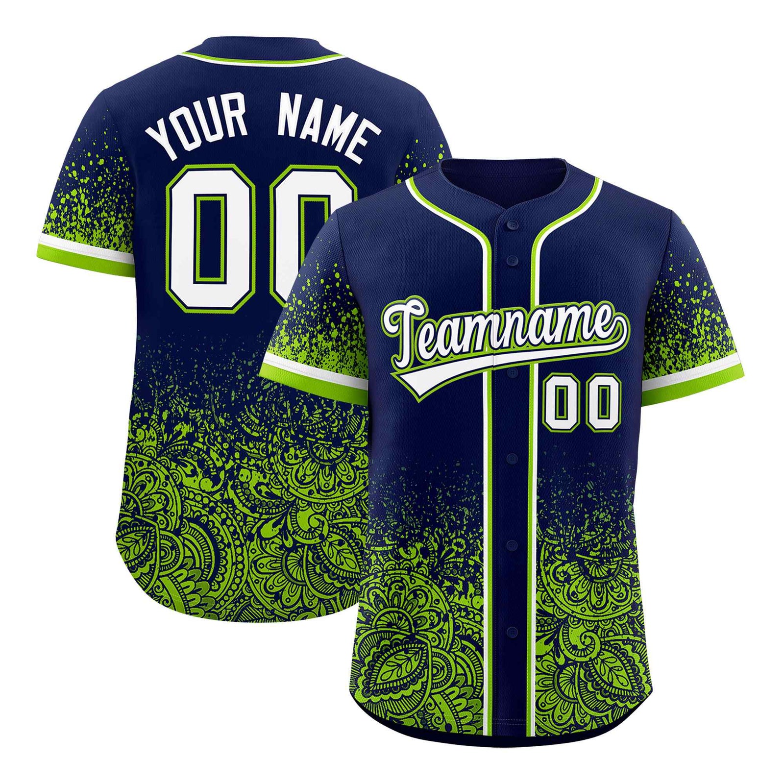 Custom Navy Neon Green Floral Print Pattern Full Button Gradient Fashion Baseball Jersey
