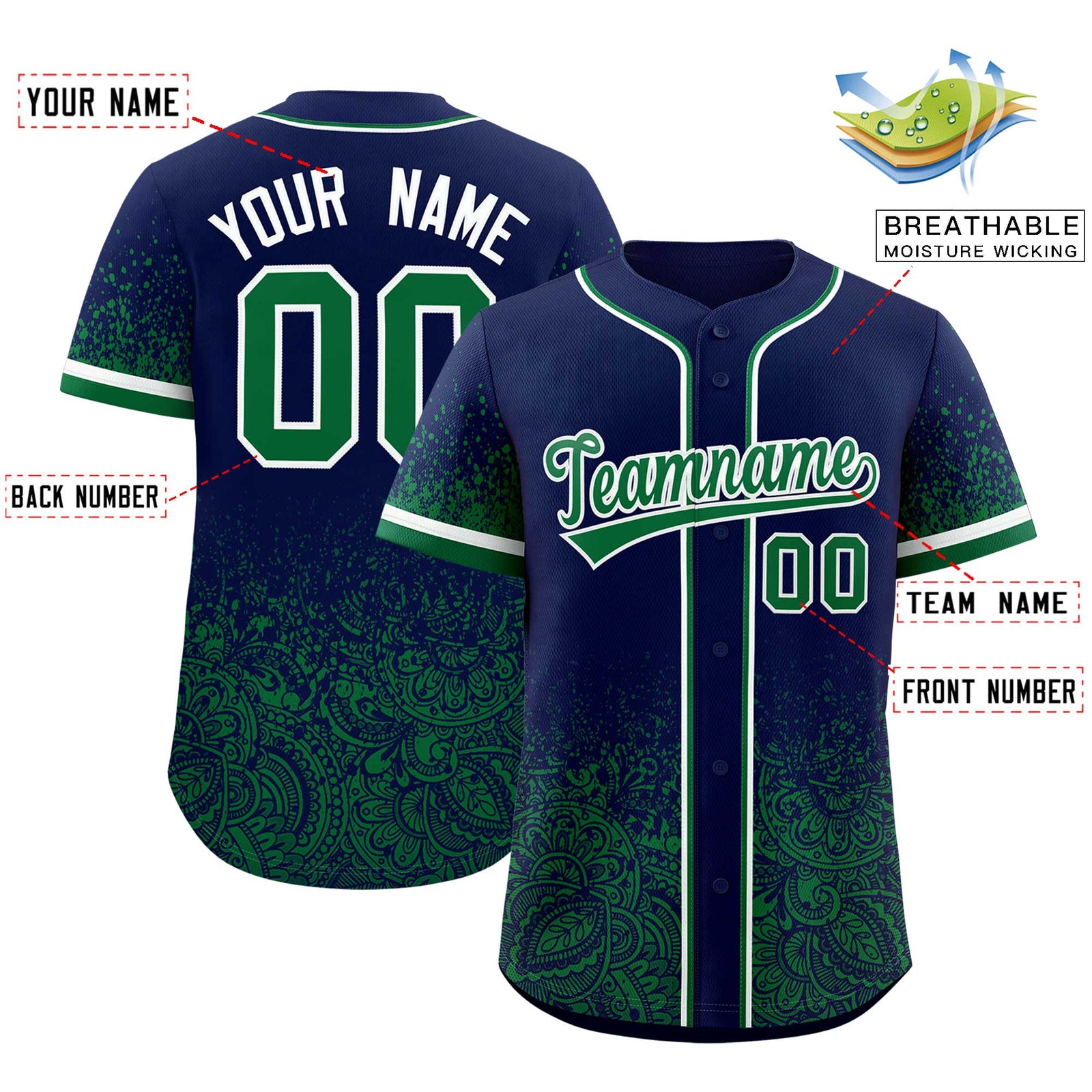 Custom Navy Kelly Green Floral Print Pattern Full Button Gradient Fashion Baseball Jersey