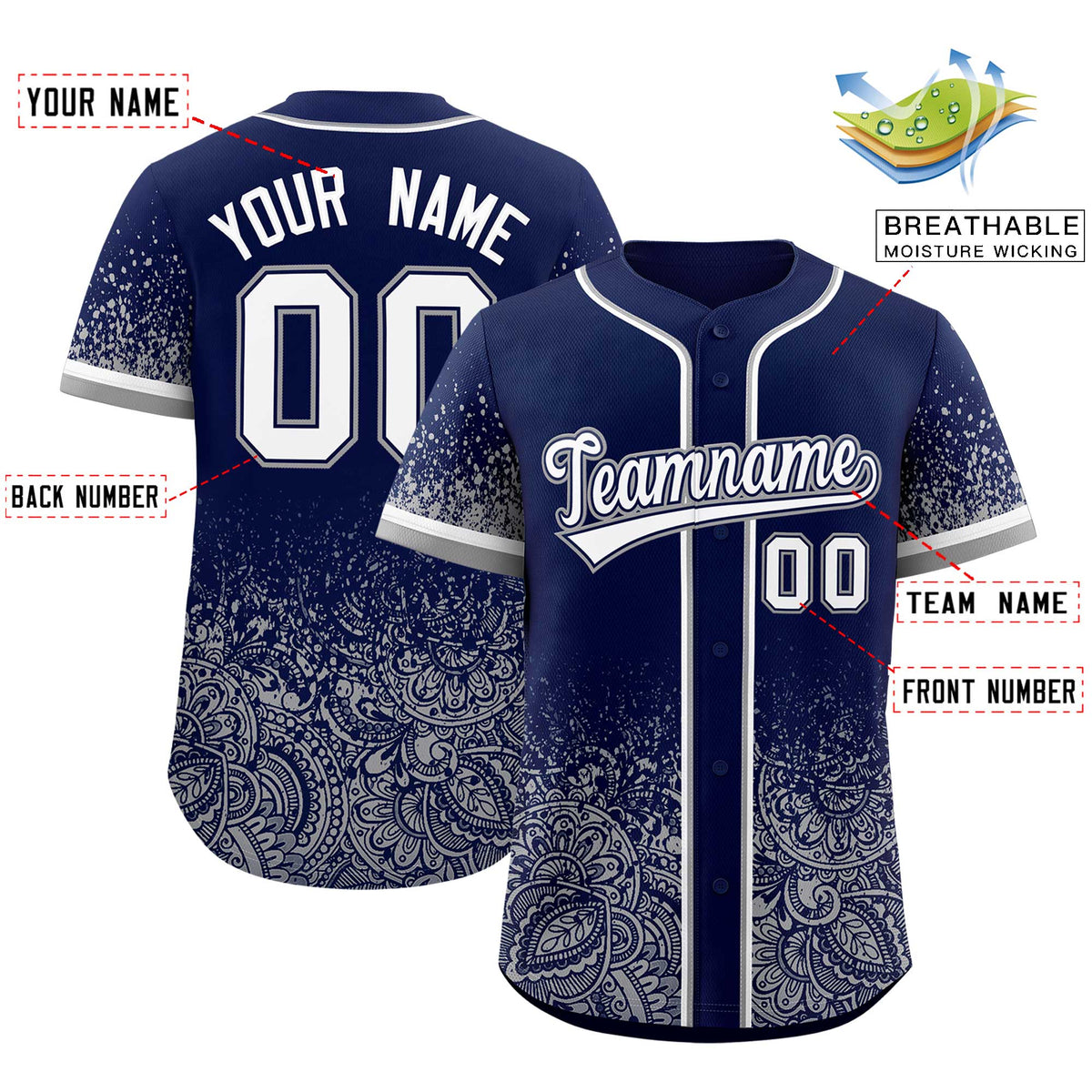 Custom Navy Gray Floral Print Pattern Full Button Gradient Fashion Baseball Jersey
