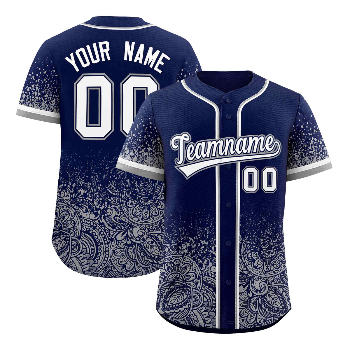 Custom Navy Gray Floral Print Pattern Full Button Gradient Fashion Baseball Jersey