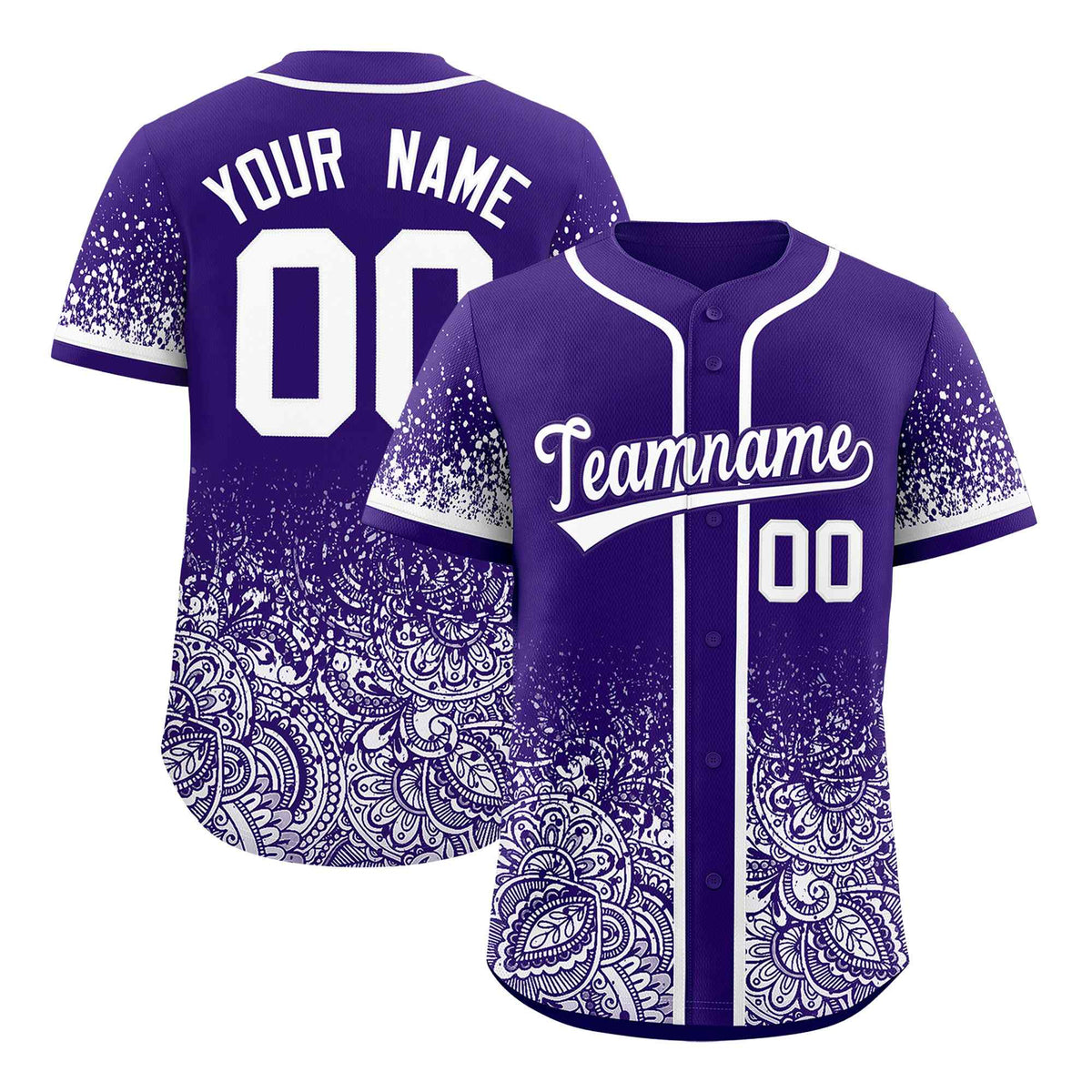 Custom Purple White Floral Print Pattern Full Button Gradient Fashion Baseball Jersey