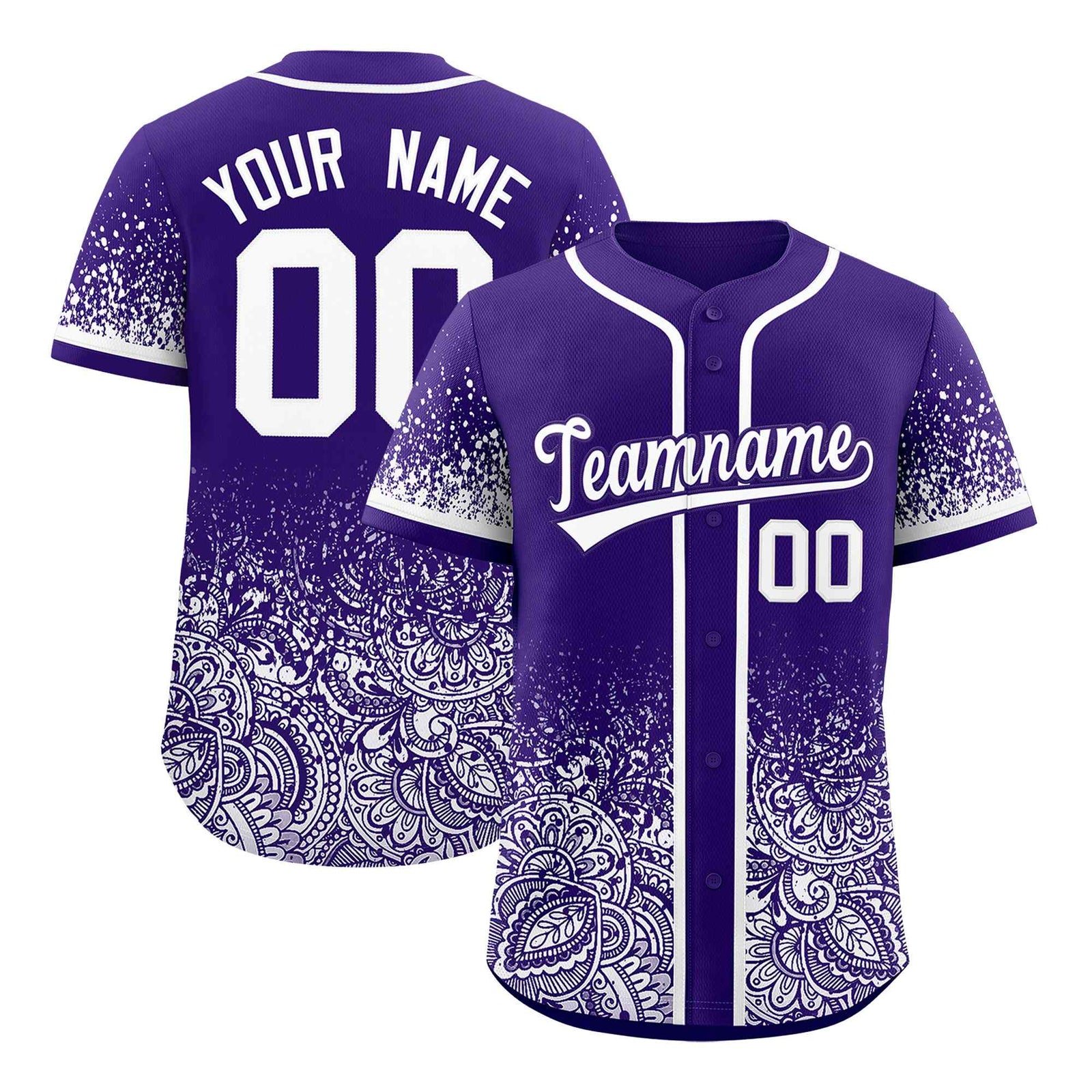 Custom Purple White Floral Print Pattern Full Button Gradient Fashion Baseball Jersey