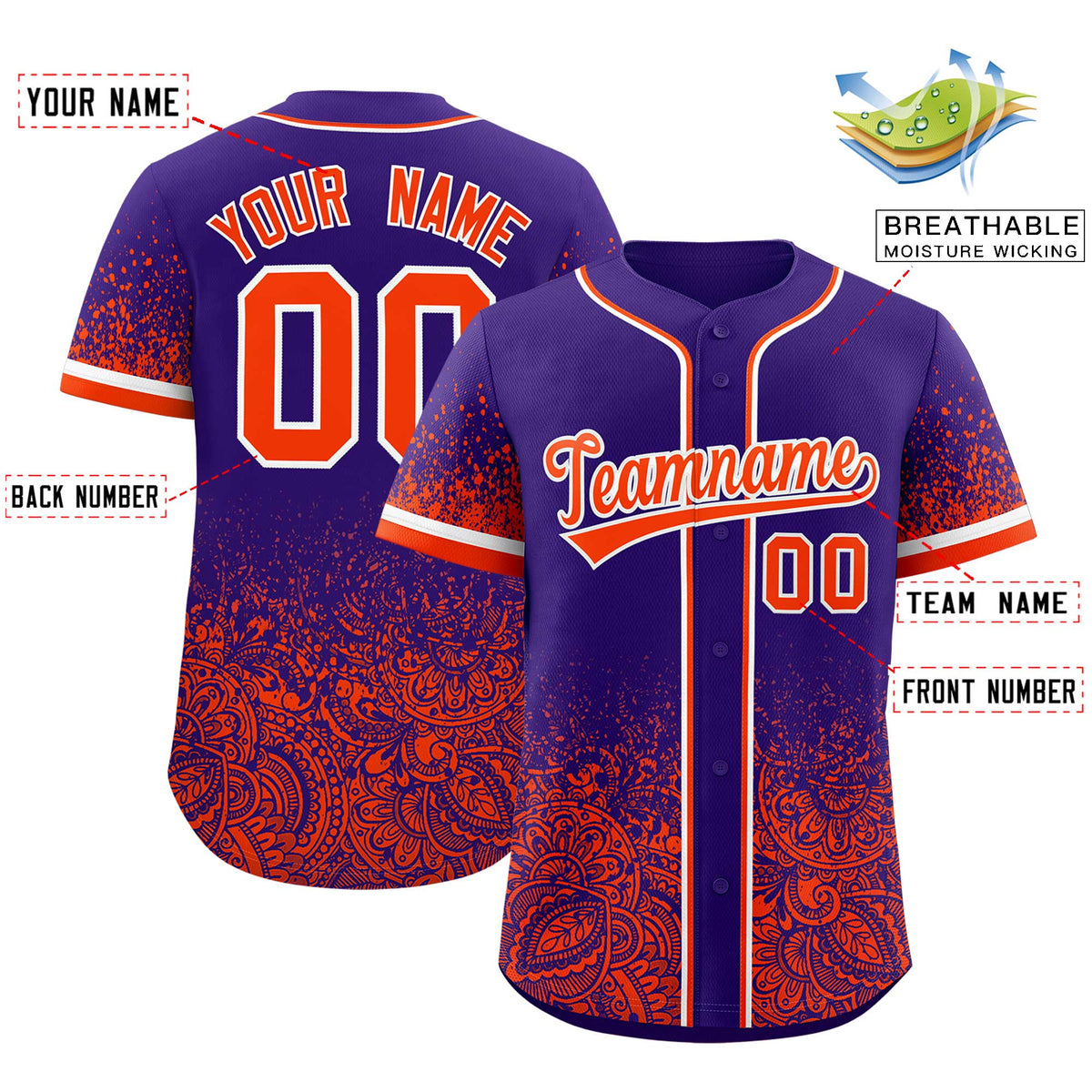 Custom Purple Orange Floral Print Pattern Full Button Gradient Fashion Baseball Jersey