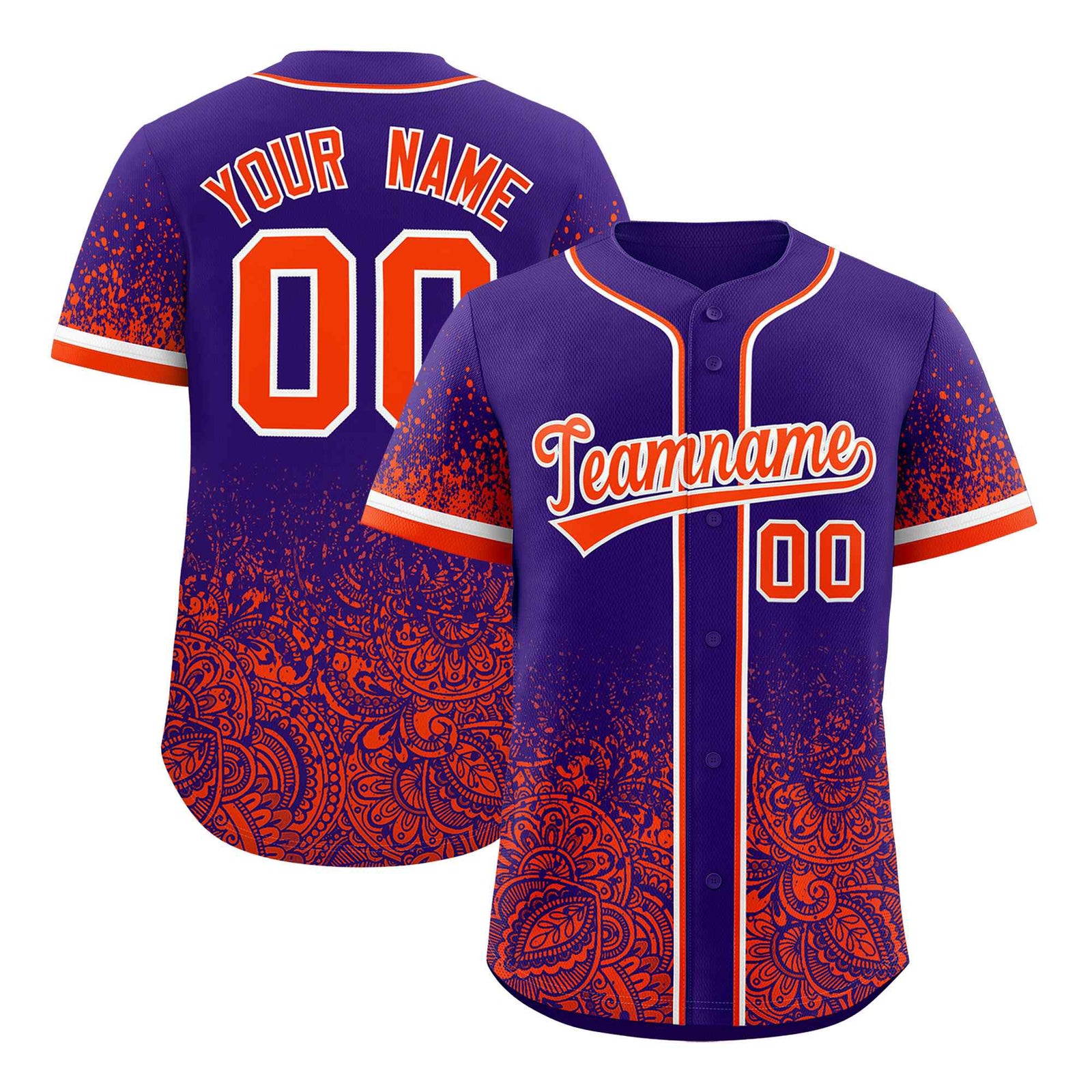 Custom Purple Orange Floral Print Pattern Full Button Gradient Fashion Baseball Jersey