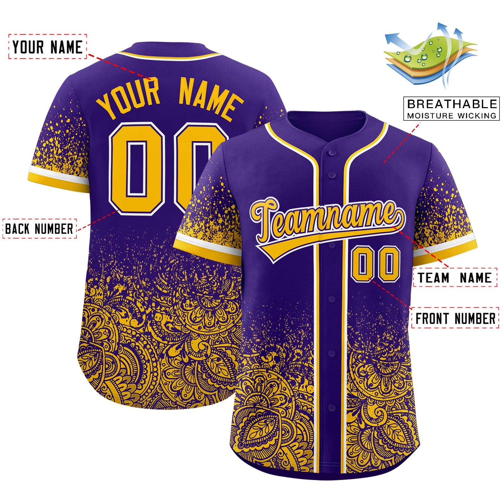 Custom Purple Yellow Floral Print Pattern Full Button Gradient Fashion Baseball Jersey