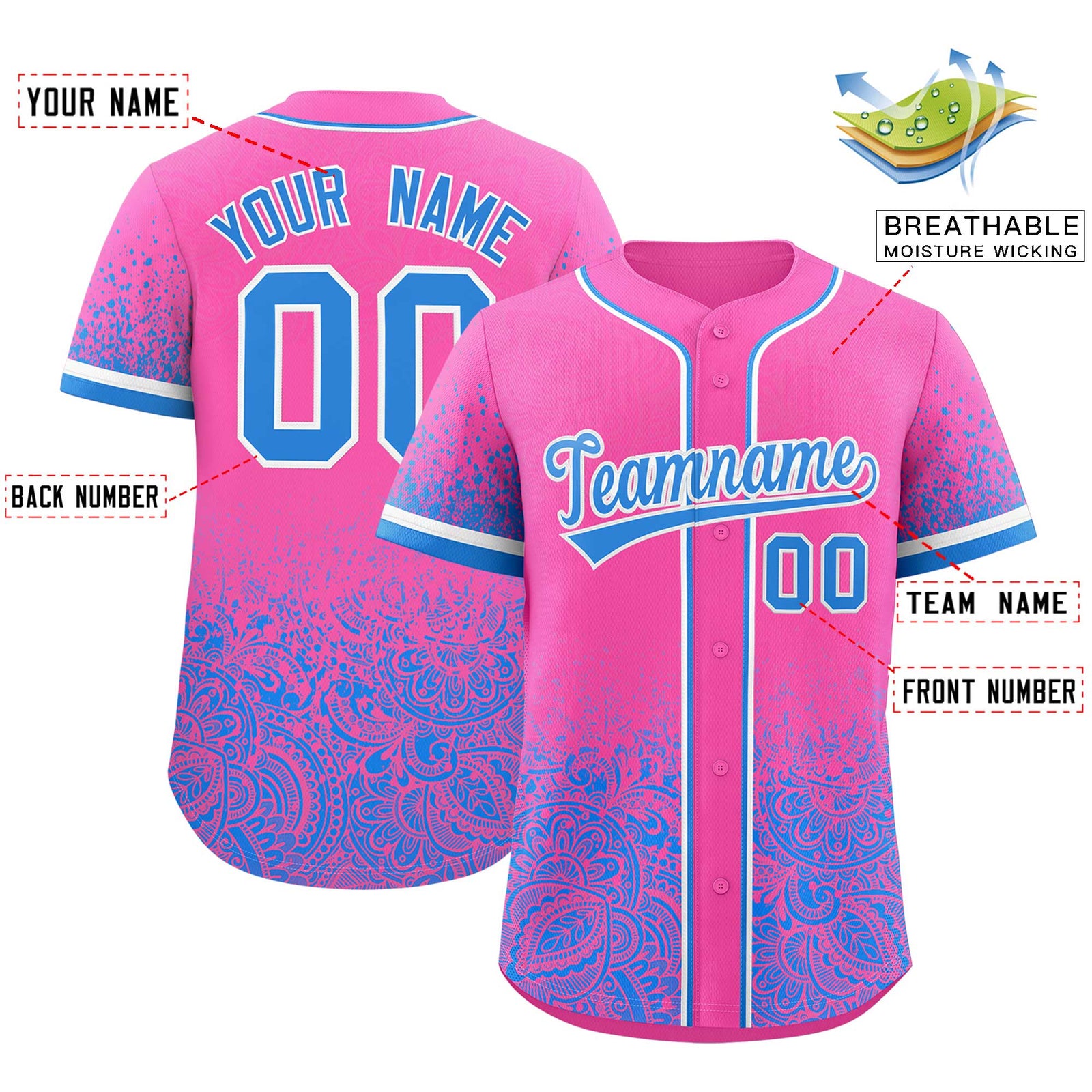 Custom Pink Light Blue Floral Print Pattern Full Button Gradient Fashion Baseball Jersey