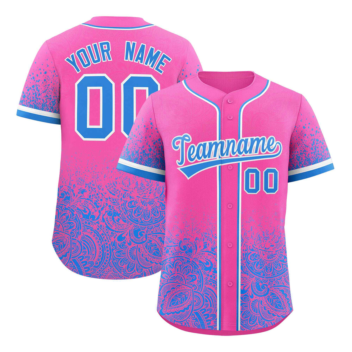 Custom Pink Light Blue Floral Print Pattern Full Button Gradient Fashion Baseball Jersey