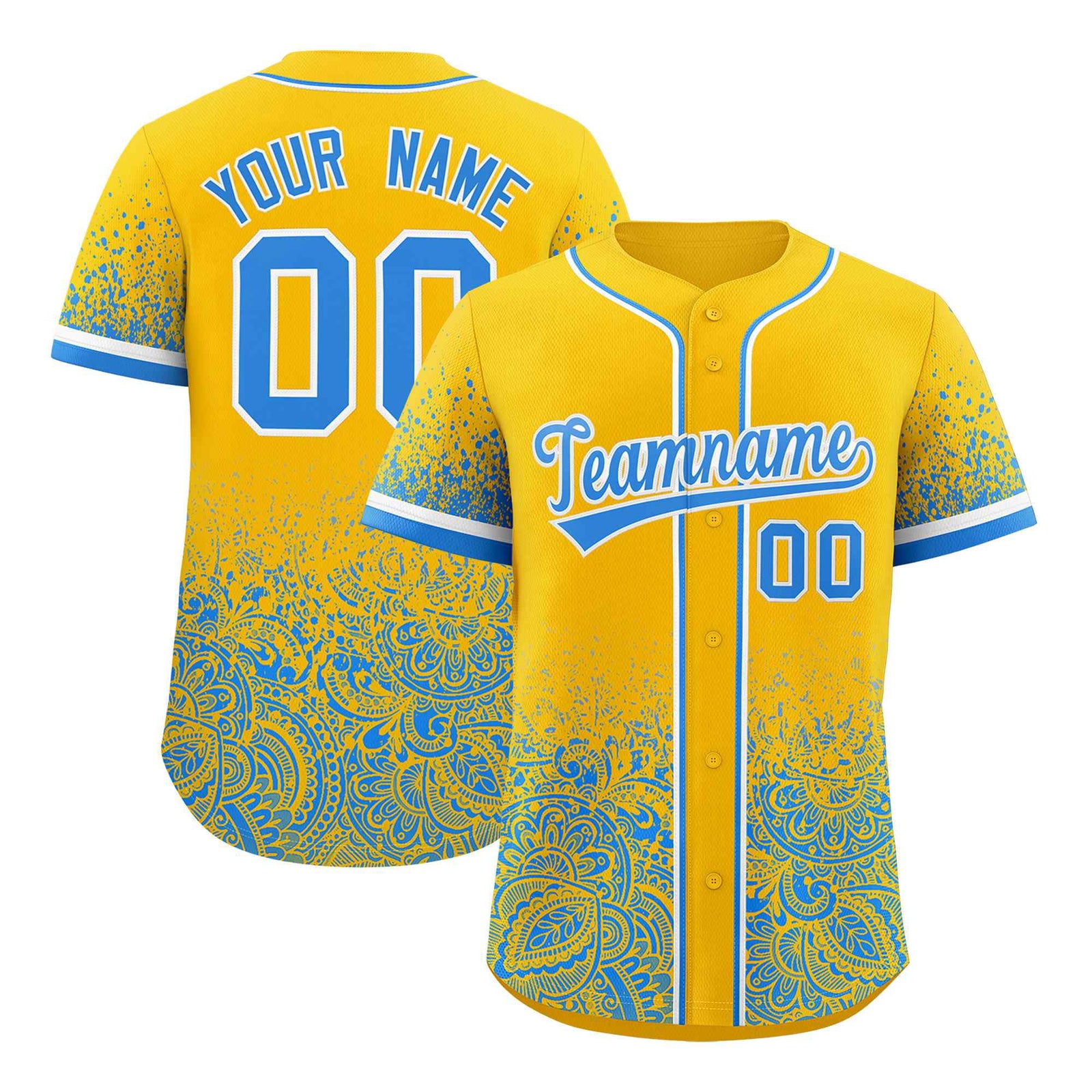 Custom Yellow Light Blue Floral Print Pattern Full Button Gradient Fashion Baseball Jersey