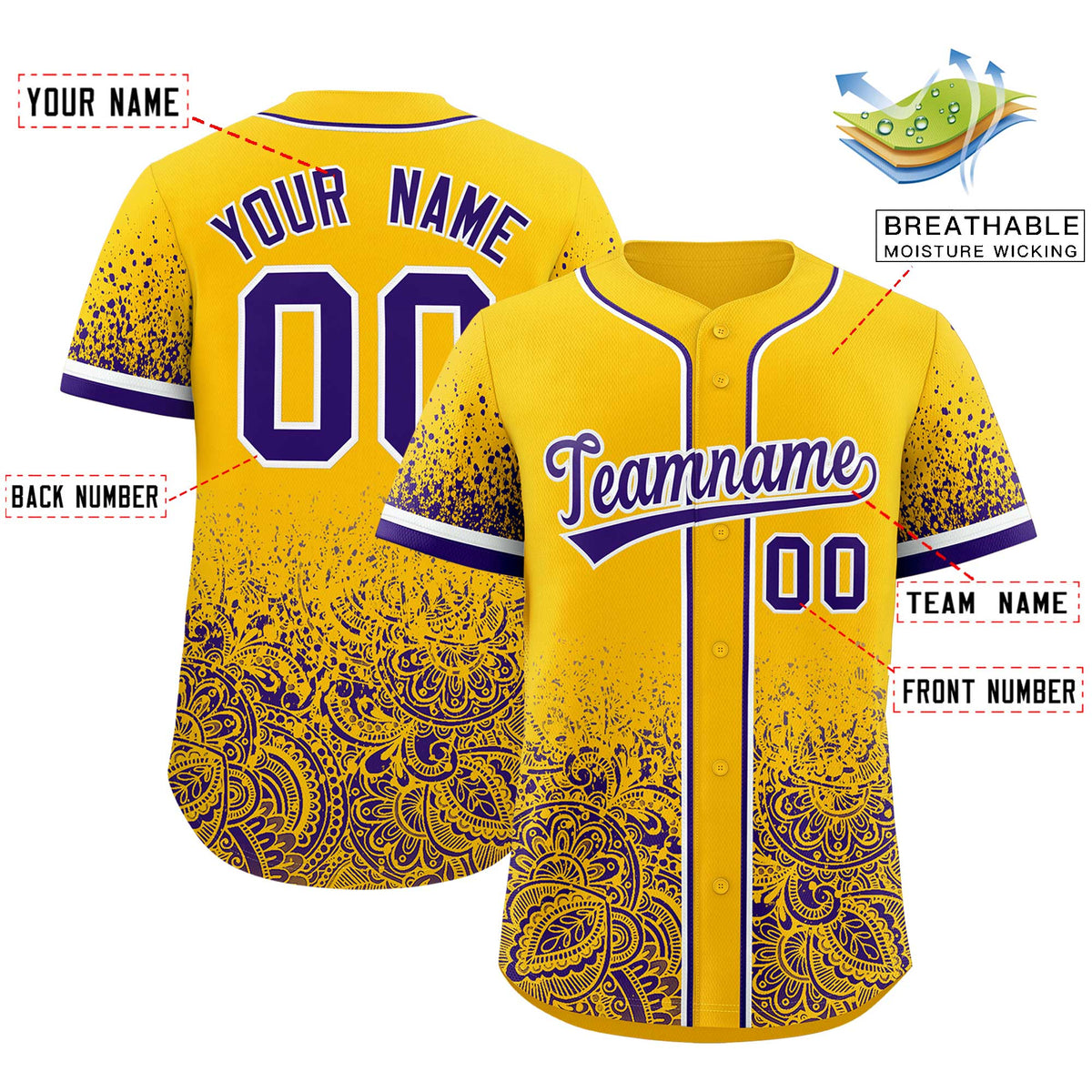 Custom Yellow Purple Floral Print Pattern Full Button Gradient Fashion Baseball Jersey