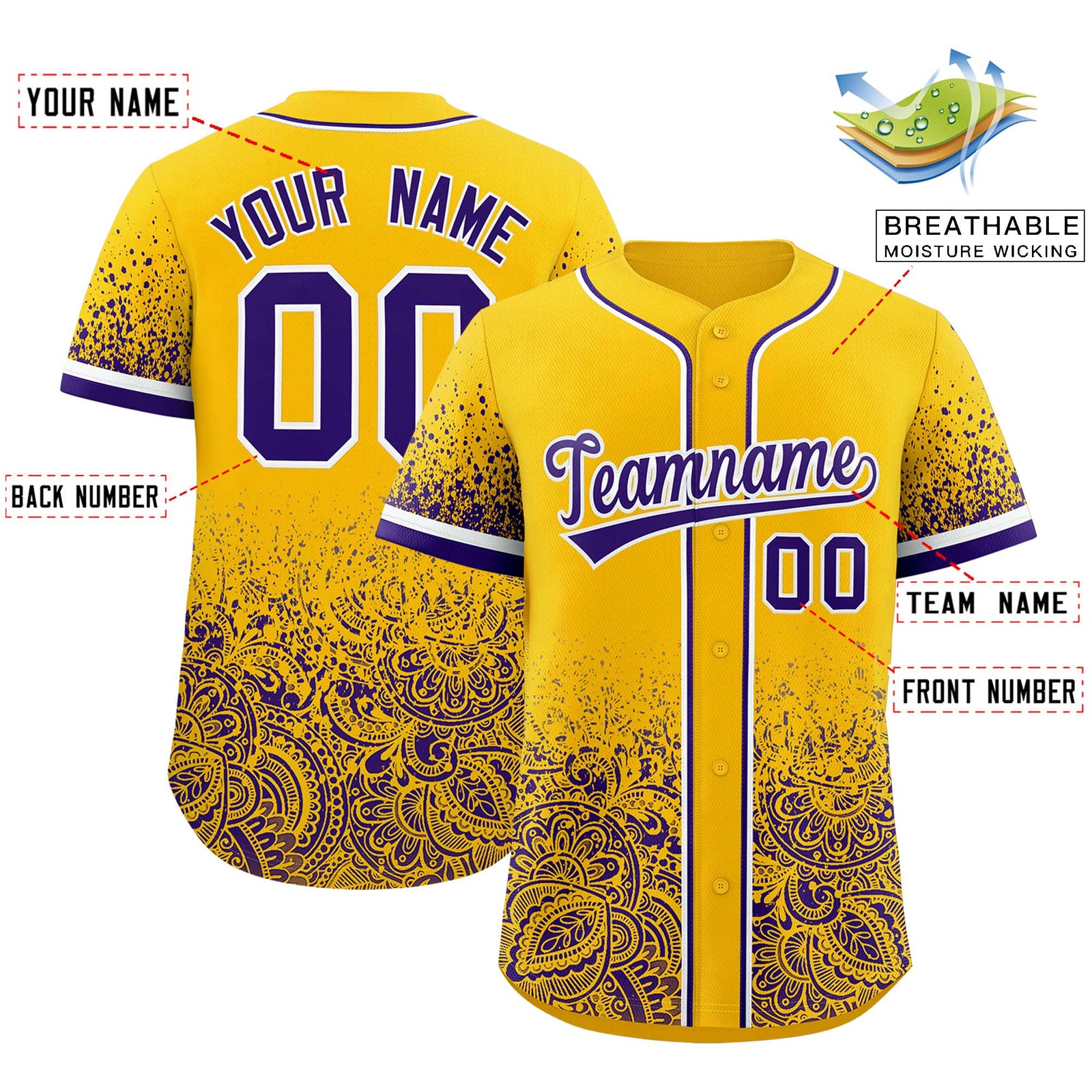 Custom Yellow Purple Floral Print Pattern Full Button Gradient Fashion Baseball Jersey