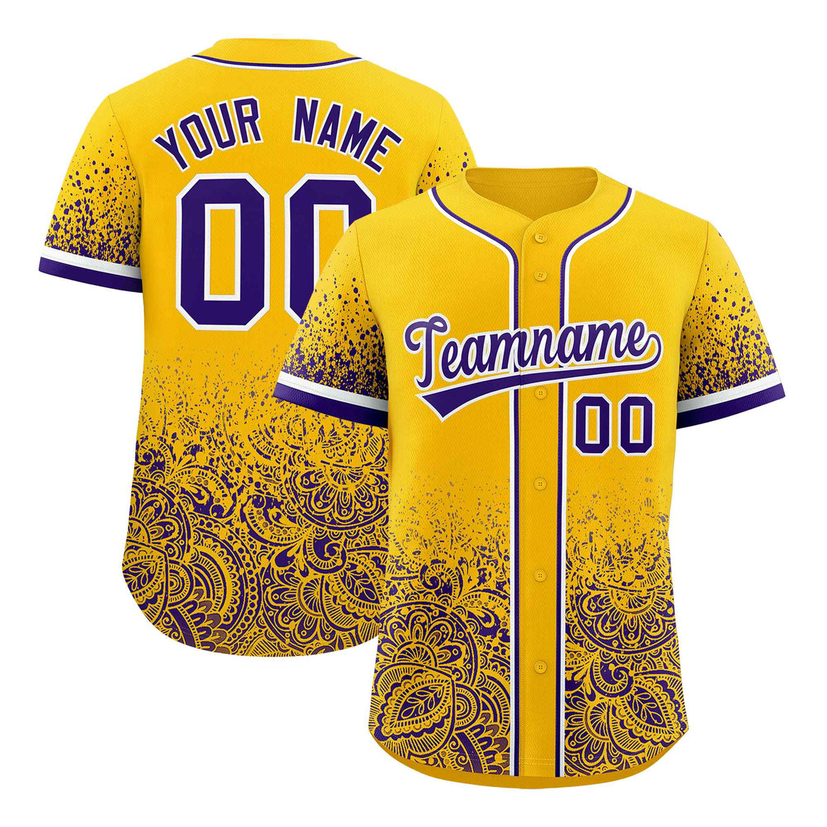 Custom Yellow Purple Floral Print Pattern Full Button Gradient Fashion Baseball Jersey