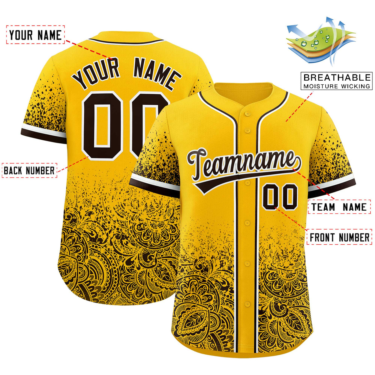 Custom Yellow Brown Floral Print Pattern Full Button Gradient Fashion Baseball Jersey