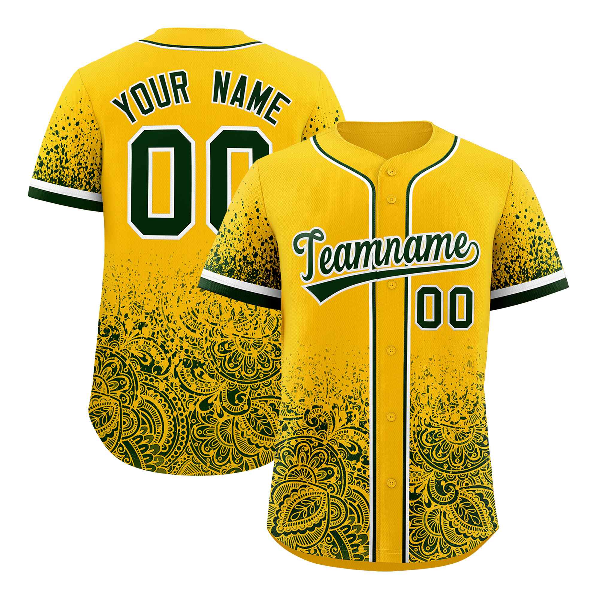 Custom Yellow Green Floral Print Pattern Full Button Gradient Fashion Baseball Jersey