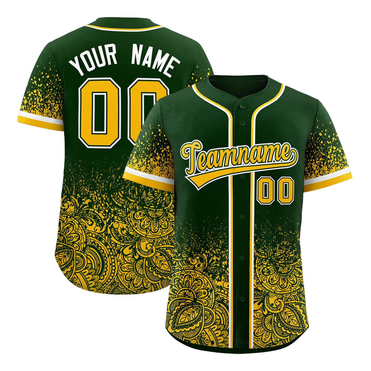 Custom Green Yellow Floral Print Pattern Full Button Gradient Fashion Baseball Jersey