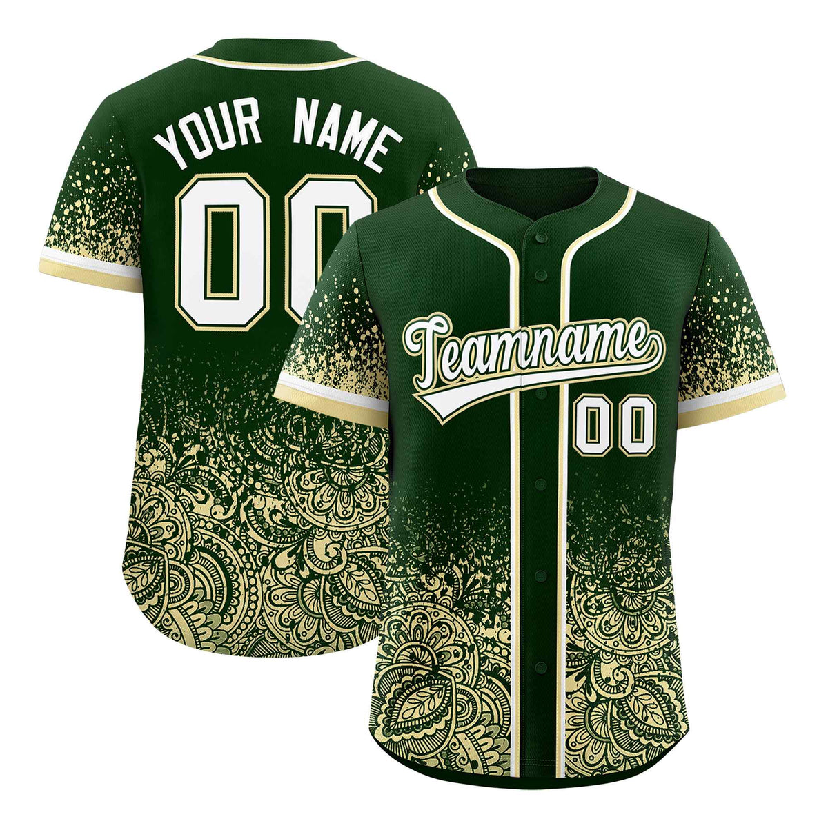 Custom Green Cream Floral Print Pattern Full Button Gradient Fashion Baseball Jersey