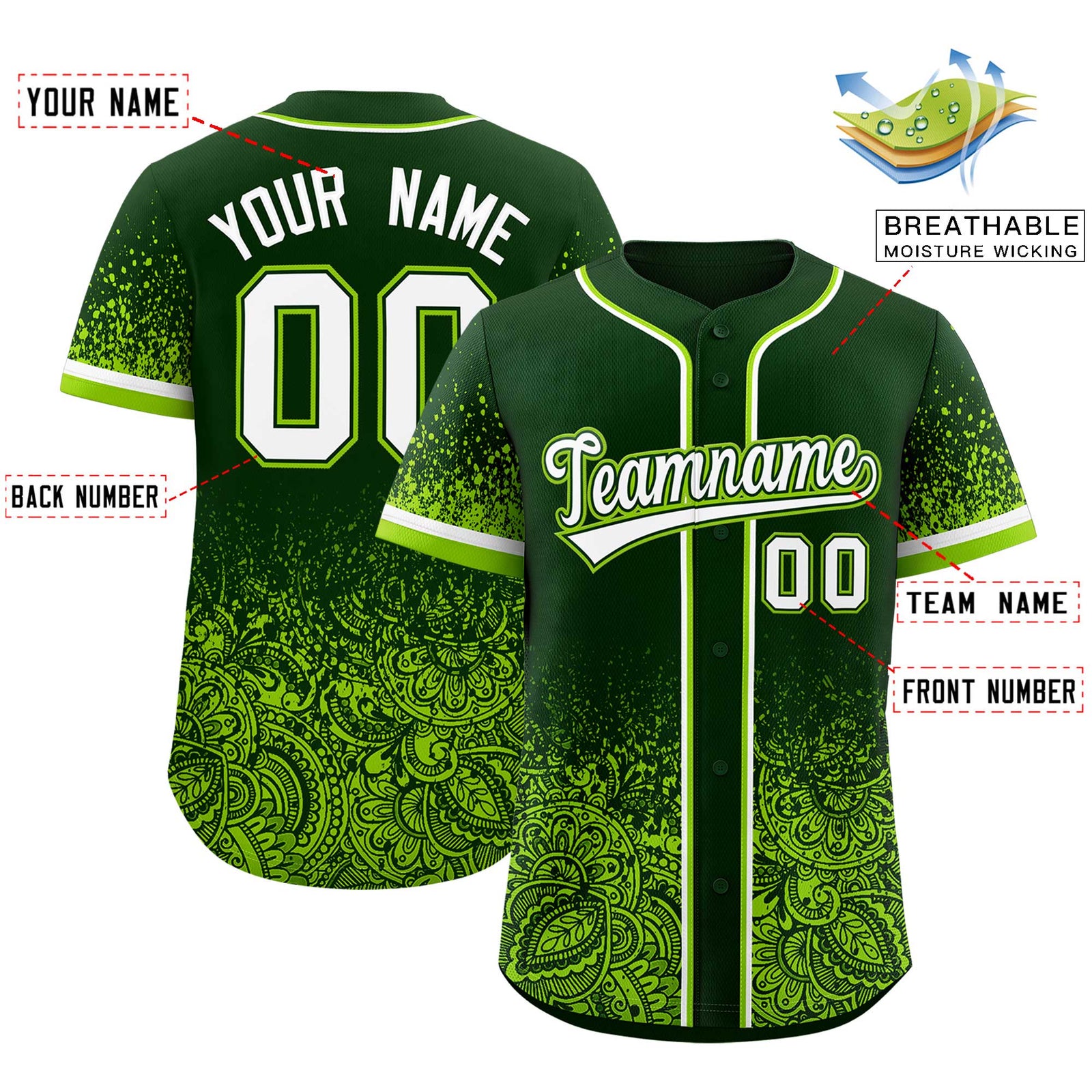 Custom Green Neon Green Floral Print Pattern Full Button Gradient Fashion Baseball Jersey