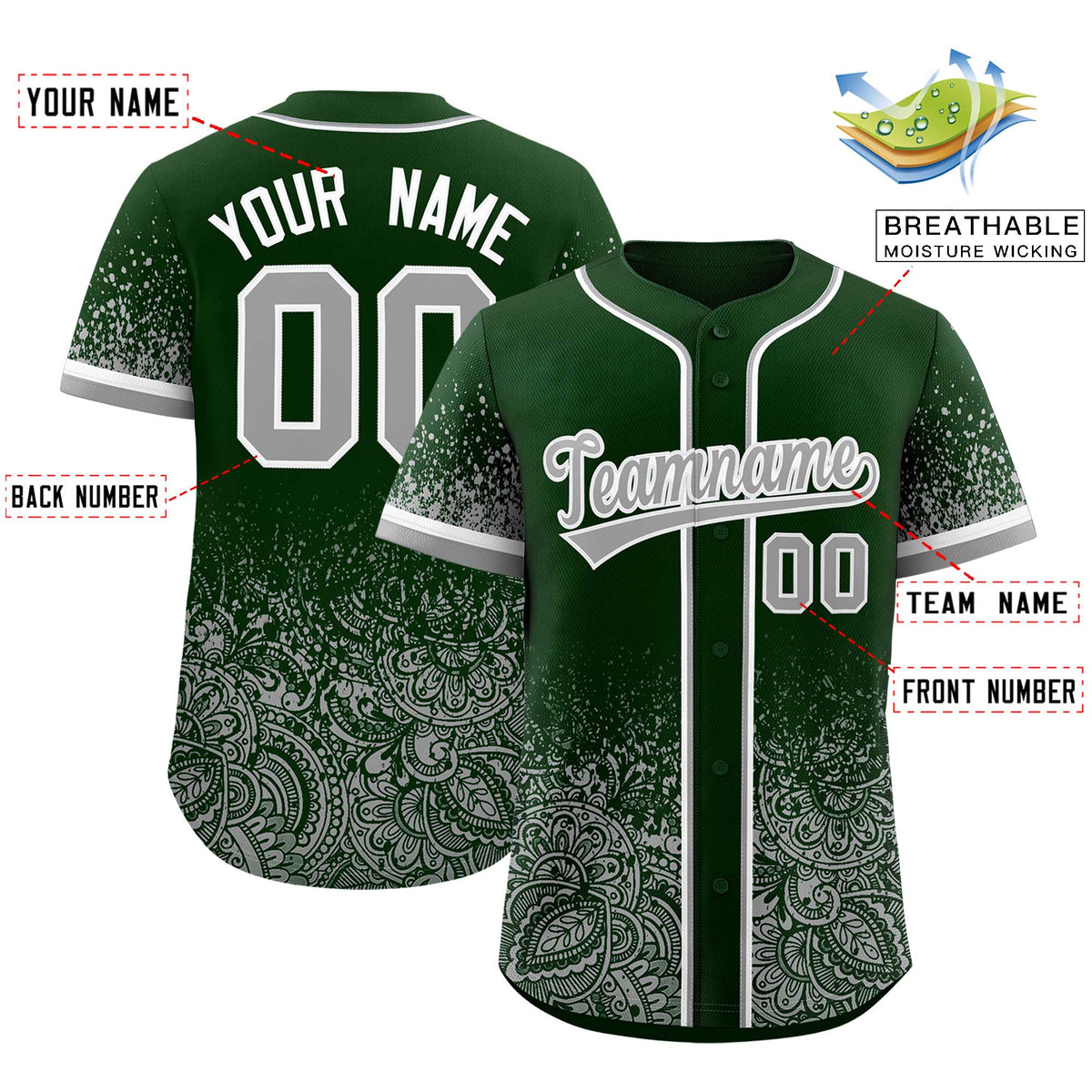 Custom Green Gray Floral Print Pattern Full Button Gradient Fashion Baseball Jersey