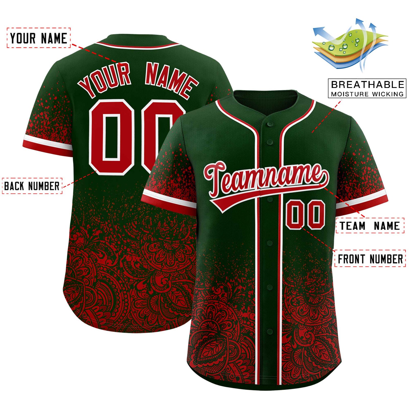 Custom Green Red Floral Print Pattern Full Button Gradient Fashion Baseball Jersey