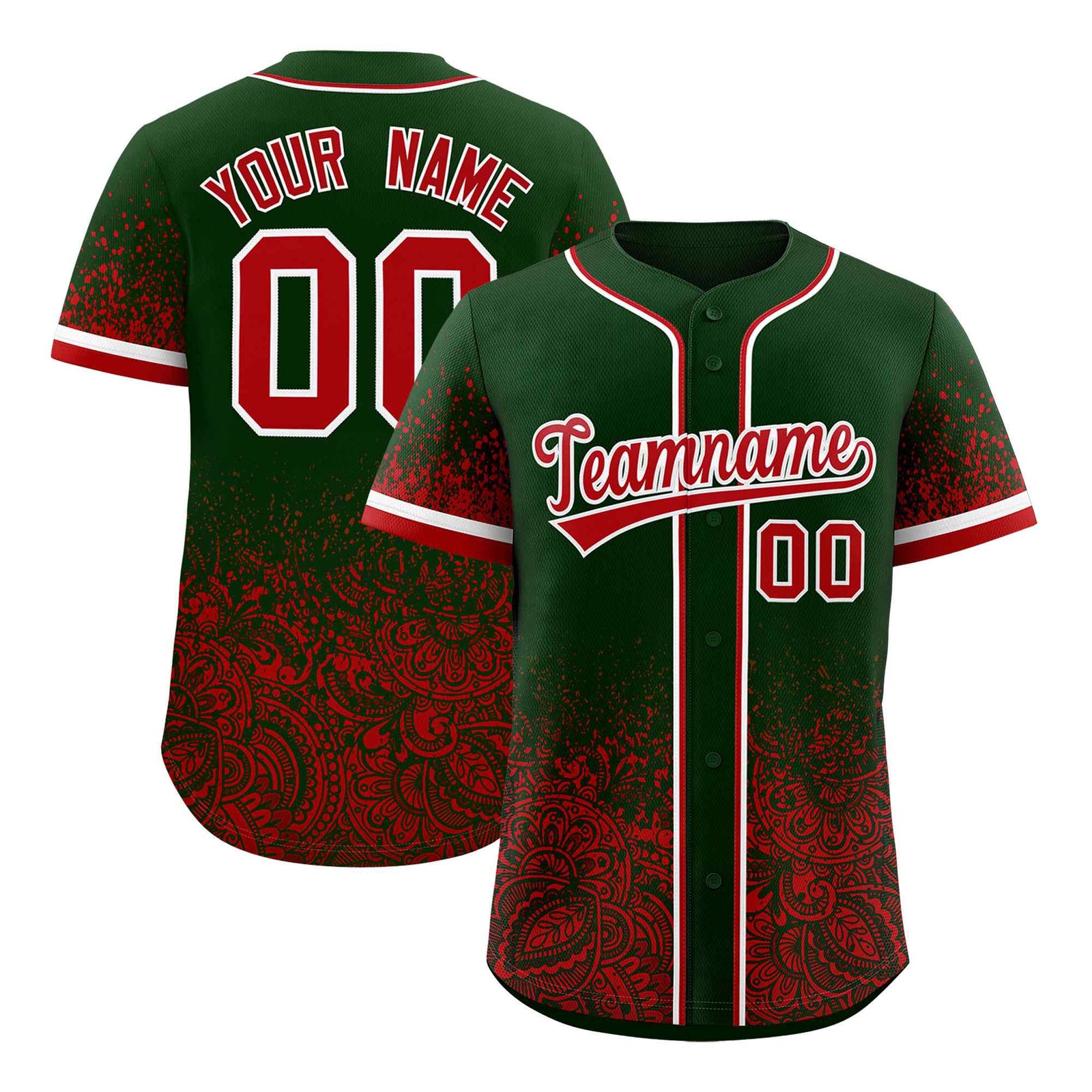 Custom Green Red Floral Print Pattern Full Button Gradient Fashion Baseball Jersey