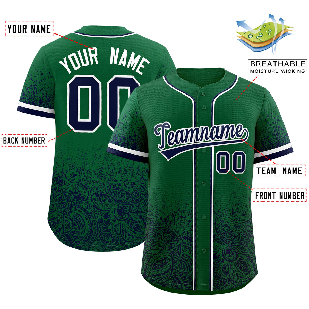 Custom Kelly Green Navy Floral Print Pattern Full Button Gradient Fashion Baseball Jersey