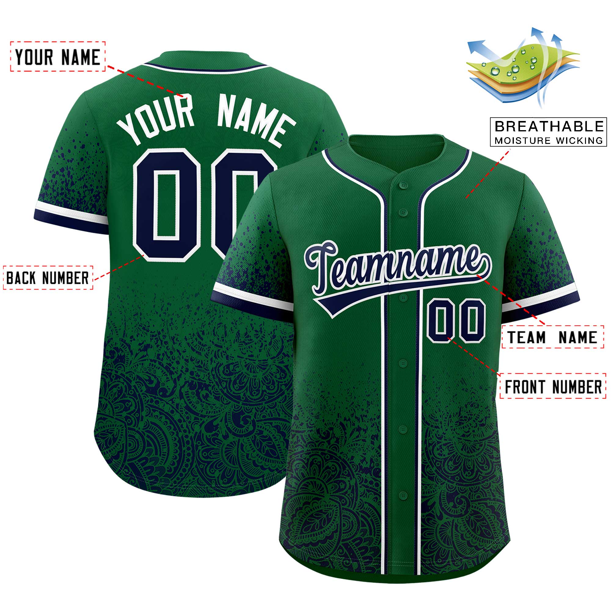 Custom Kelly Green Navy Floral Print Pattern Full Button Gradient Fashion Baseball Jersey