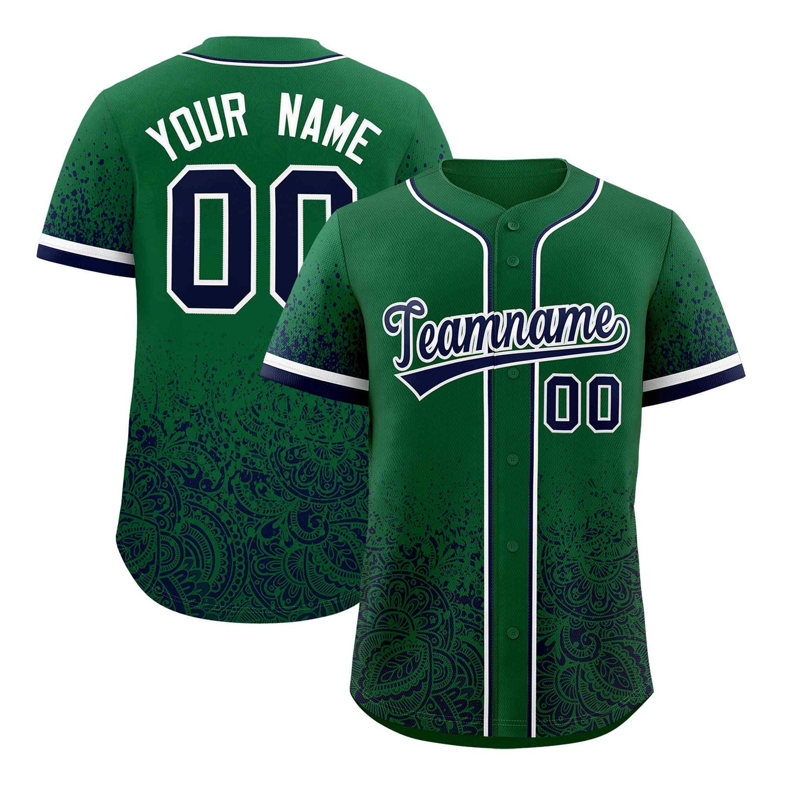 Custom Kelly Green Navy Floral Print Pattern Full Button Gradient Fashion Baseball Jersey