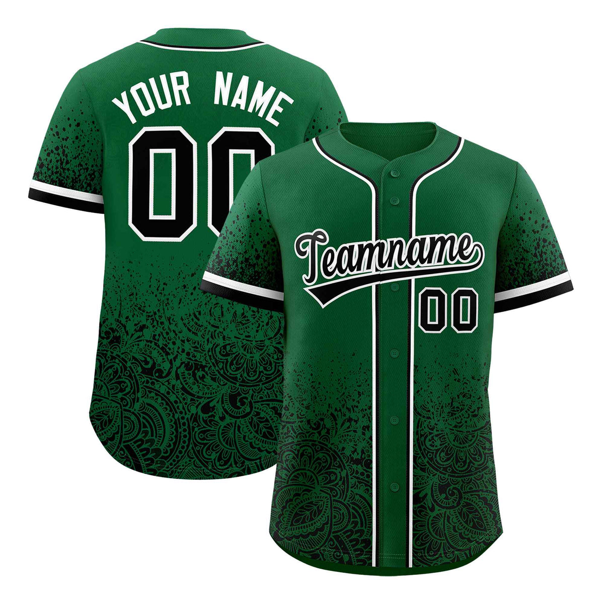 Custom Kelly Green Black Floral Print Pattern Full Button Gradient Fashion Baseball Jersey