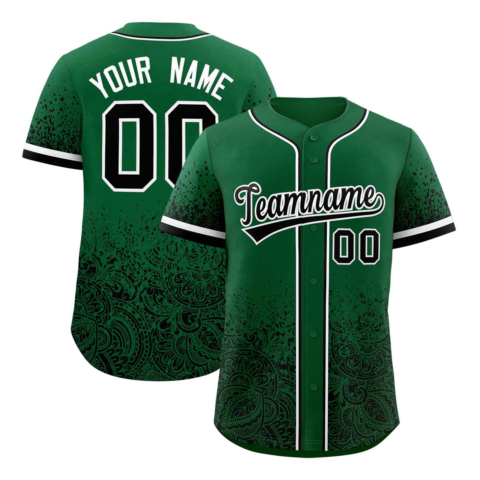 Custom Kelly Green Black Floral Print Pattern Full Button Gradient Fashion Baseball Jersey