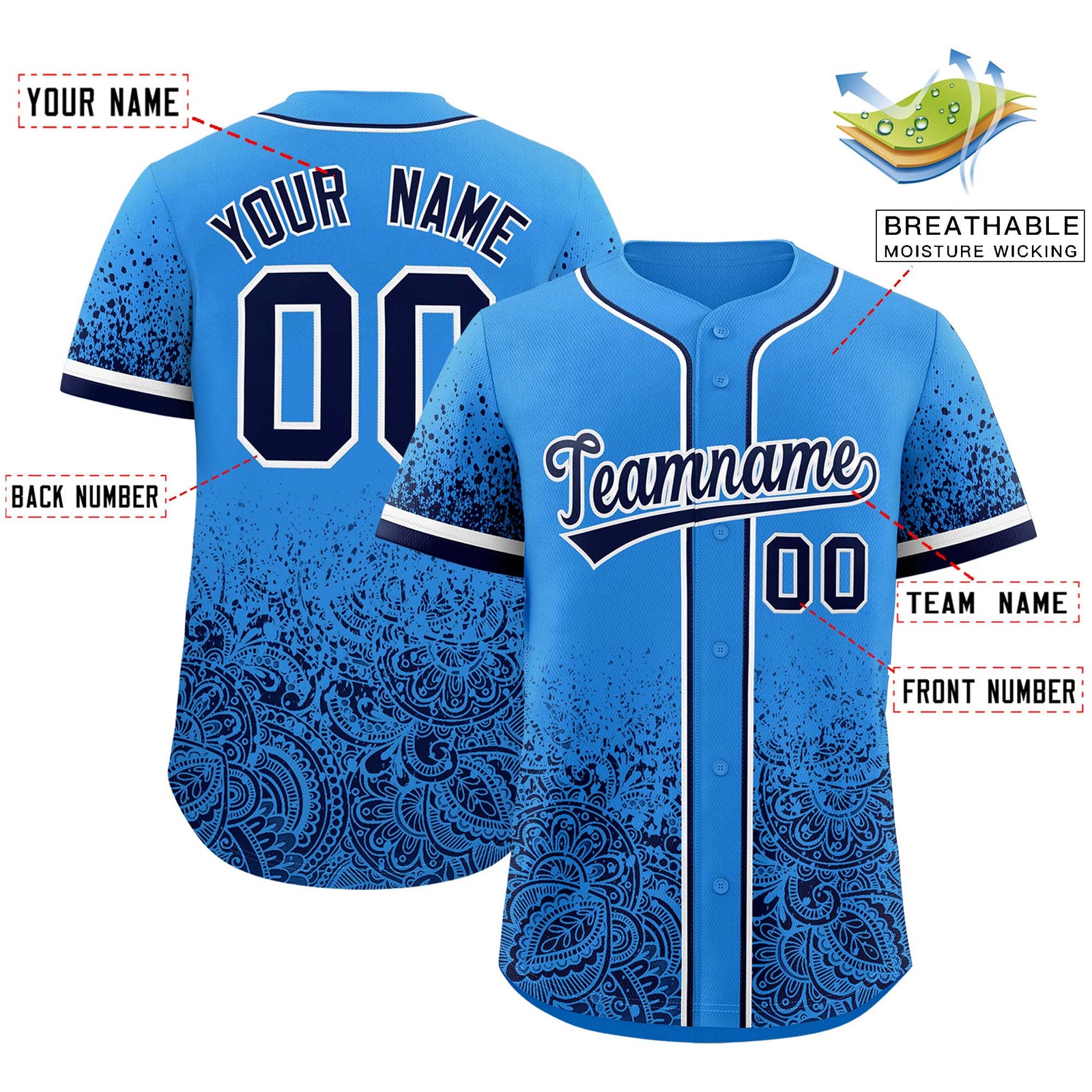 Custom Light Blue Navy Floral Print Pattern Full Button Gradient Fashion Baseball Jersey