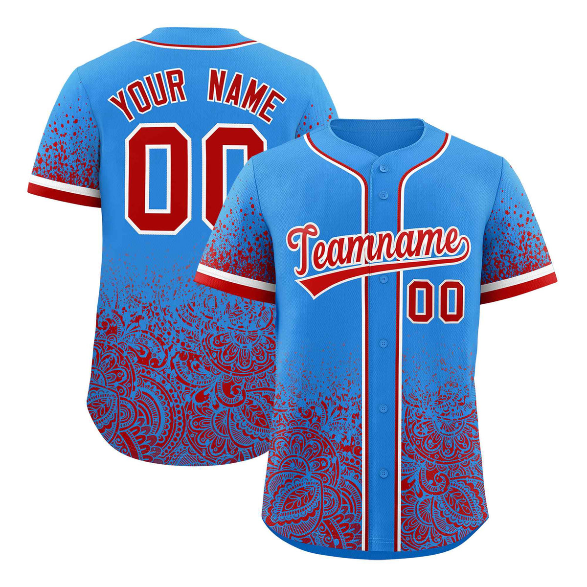 Custom Light Blue Red Floral Print Pattern Full Button Gradient Fashion Baseball Jersey