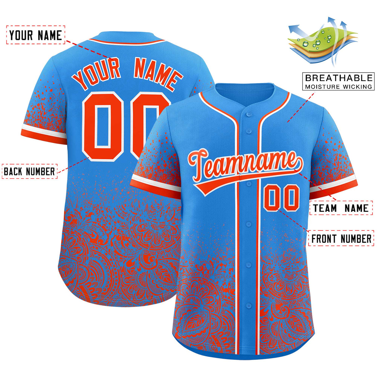 Custom Light Blue Orange Floral Print Pattern Full Button Gradient Fashion Baseball Jersey