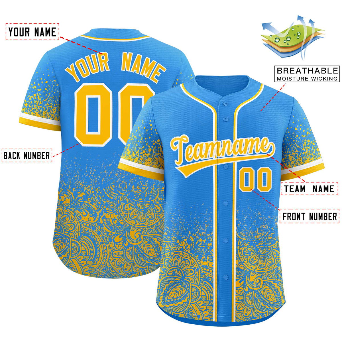 Custom Light Blue Yellow Floral Print Pattern Full Button Gradient Fashion Baseball Jersey