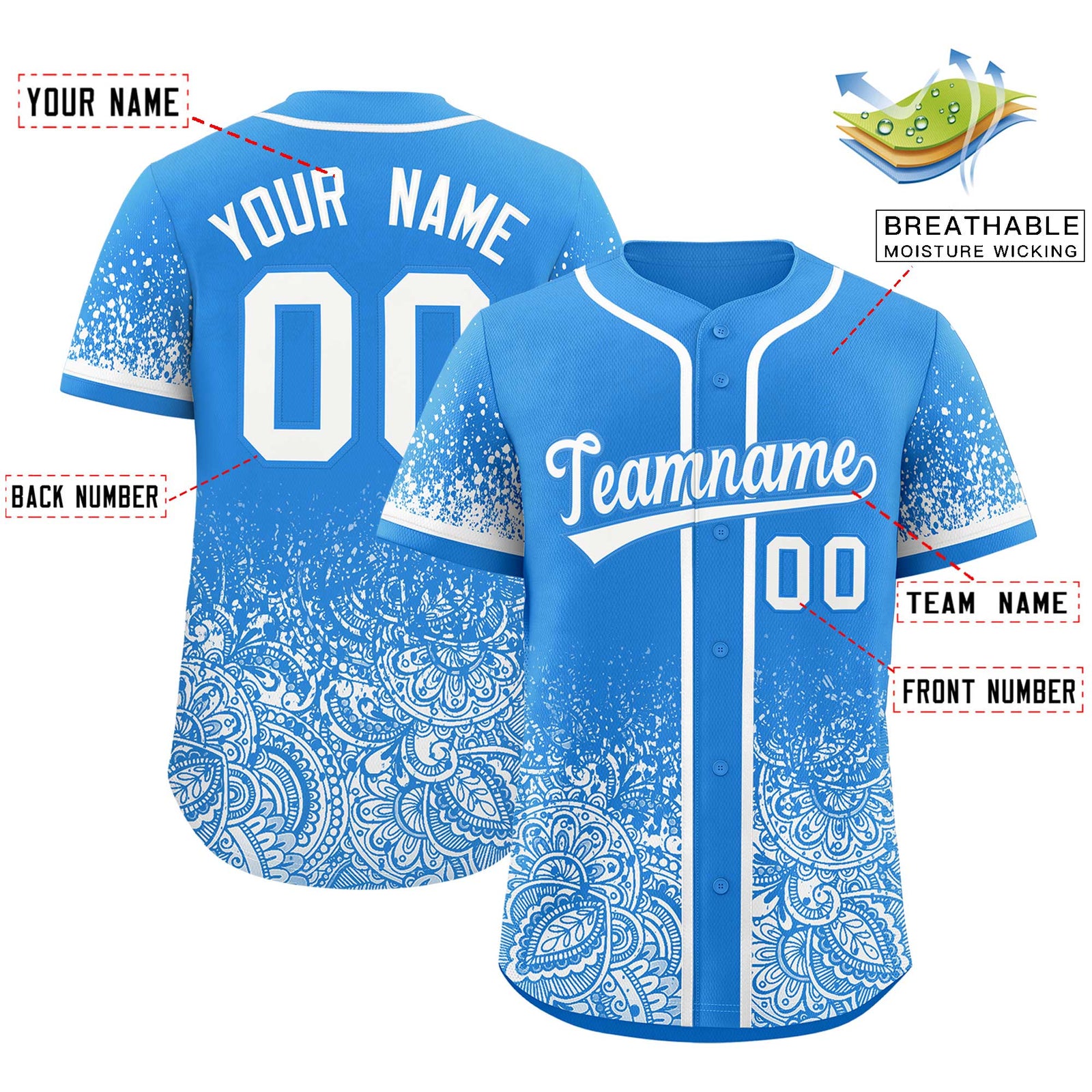 Custom Light Blue White Floral Print Pattern Full Button Gradient Fashion Baseball Jersey