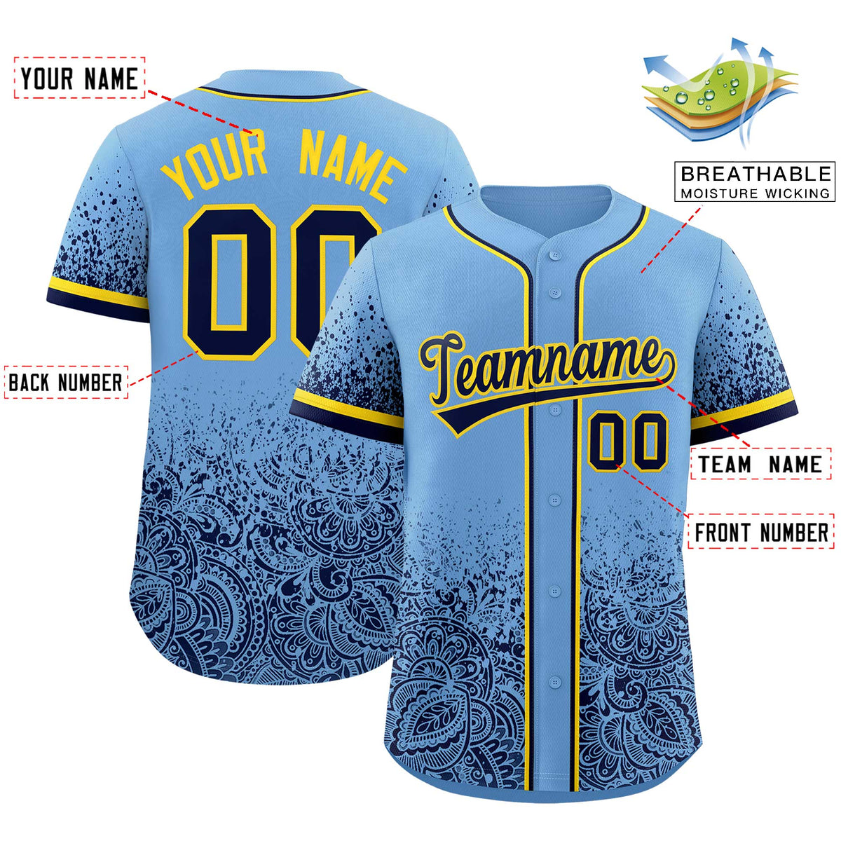 Custom Powder Blue Navy Floral Print Pattern Full Button Gradient Fashion Baseball Jersey