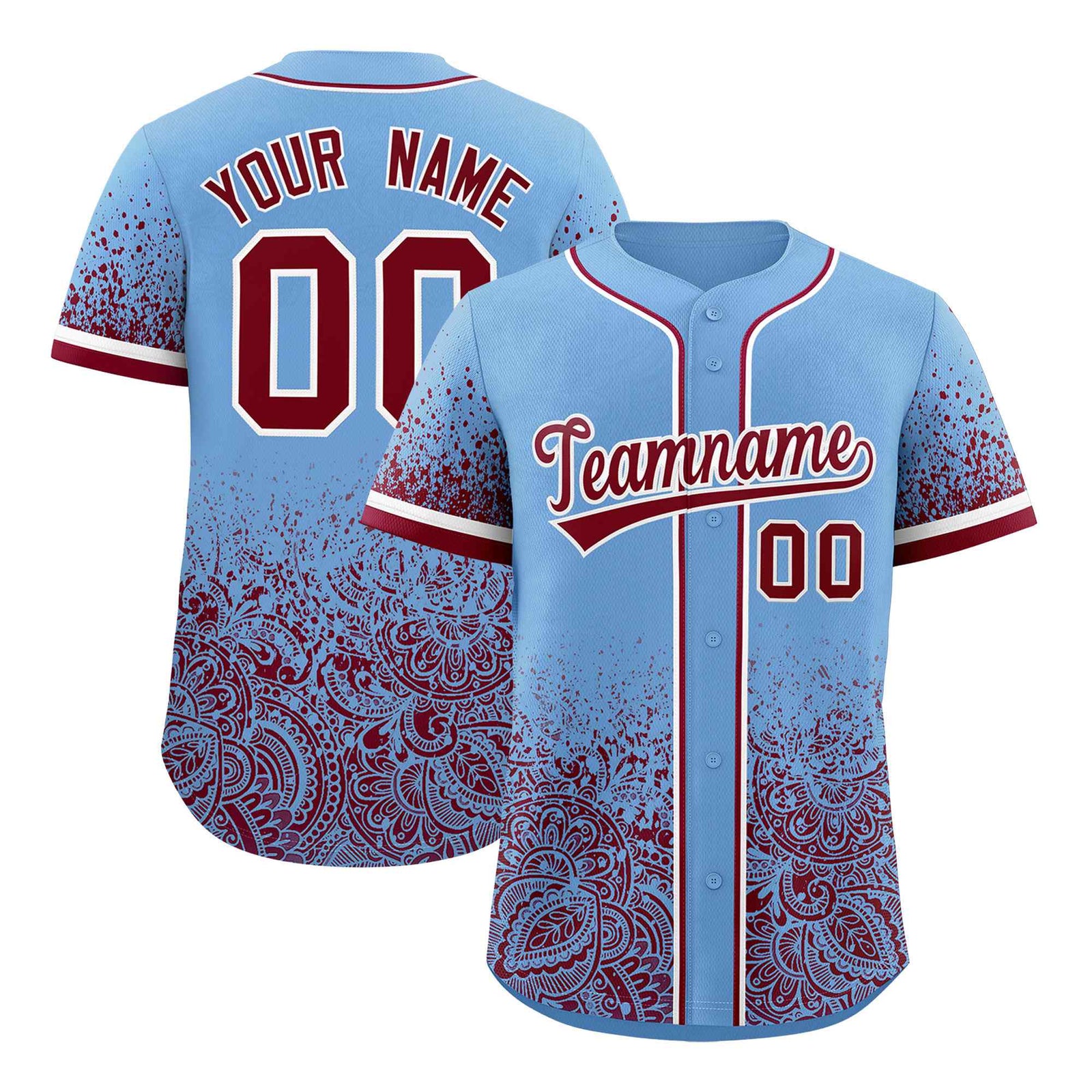 Custom Powder Blue Crimson Floral Print Pattern Full Button Gradient Fashion Baseball Jersey