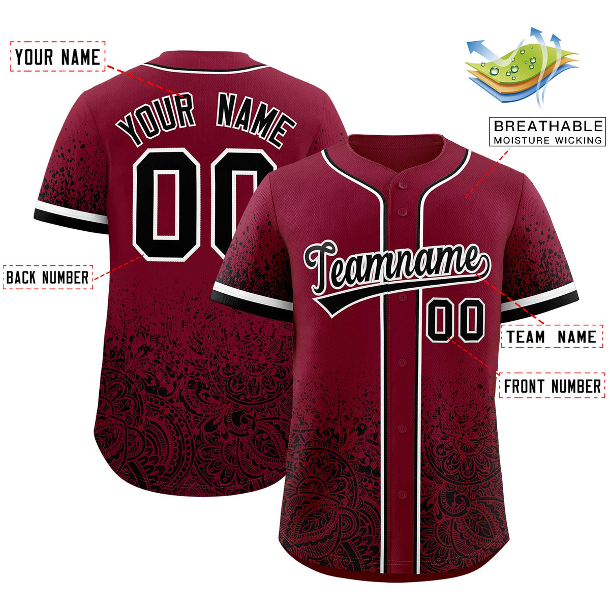 Custom Crimson Black Floral Print Pattern Full Button Gradient Fashion Baseball Jersey