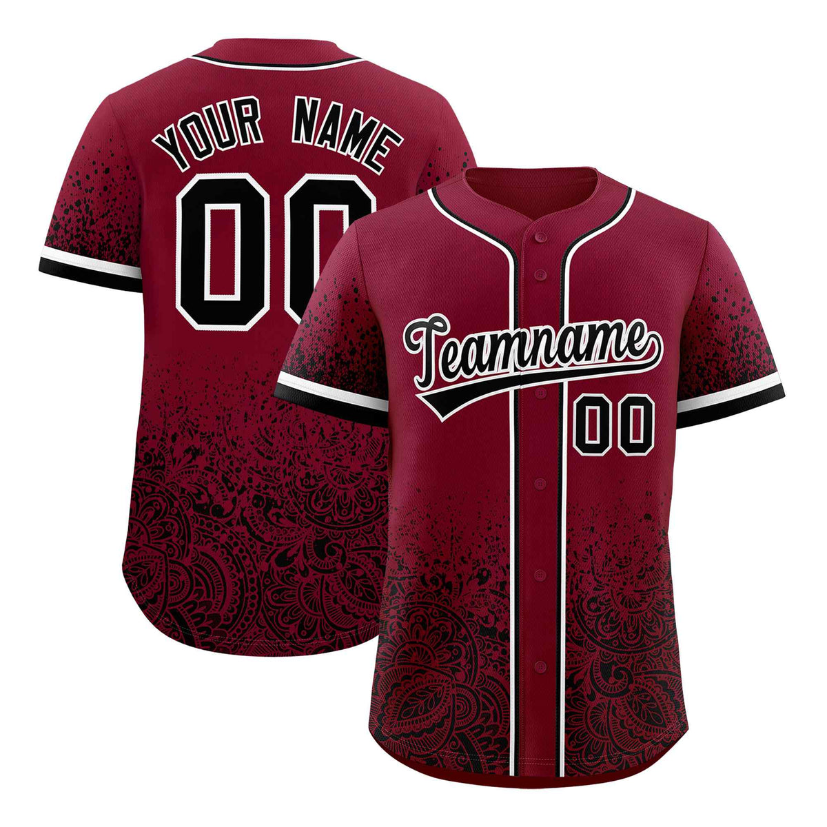 Custom Crimson Black Floral Print Pattern Full Button Gradient Fashion Baseball Jersey