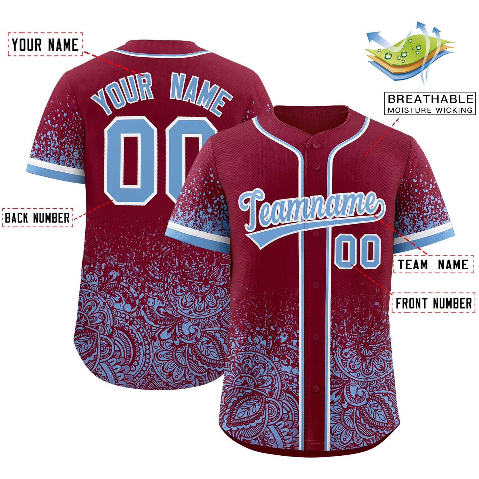 Custom Crimson Powder Blue Floral Print Pattern Full Button Gradient Fashion Baseball Jersey