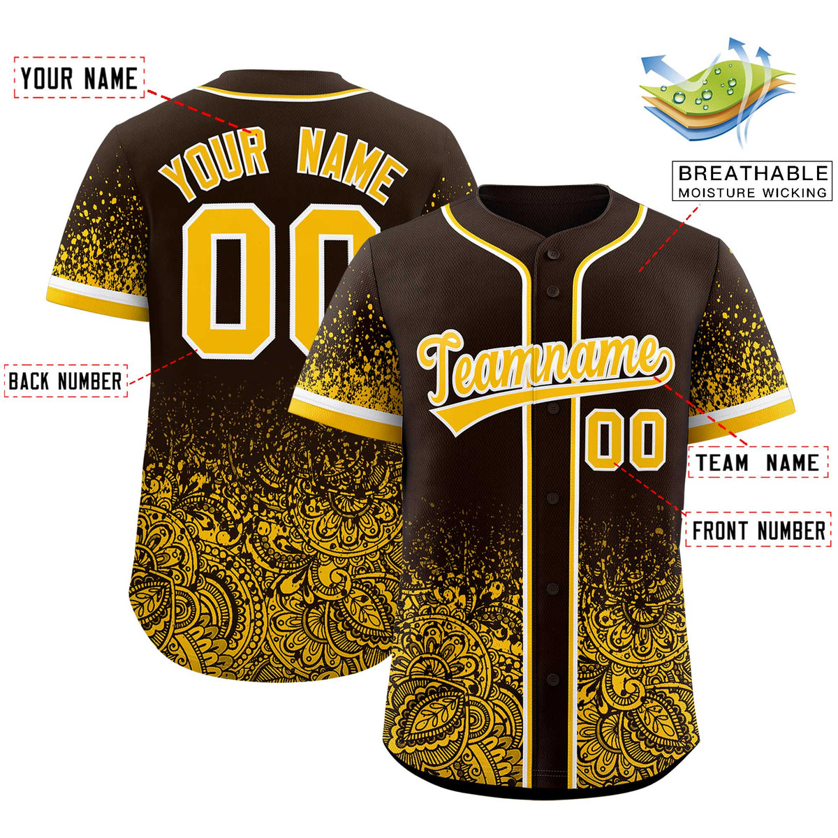 Custom Brown Yellow Floral Print Pattern Full Button Gradient Fashion Baseball Jersey