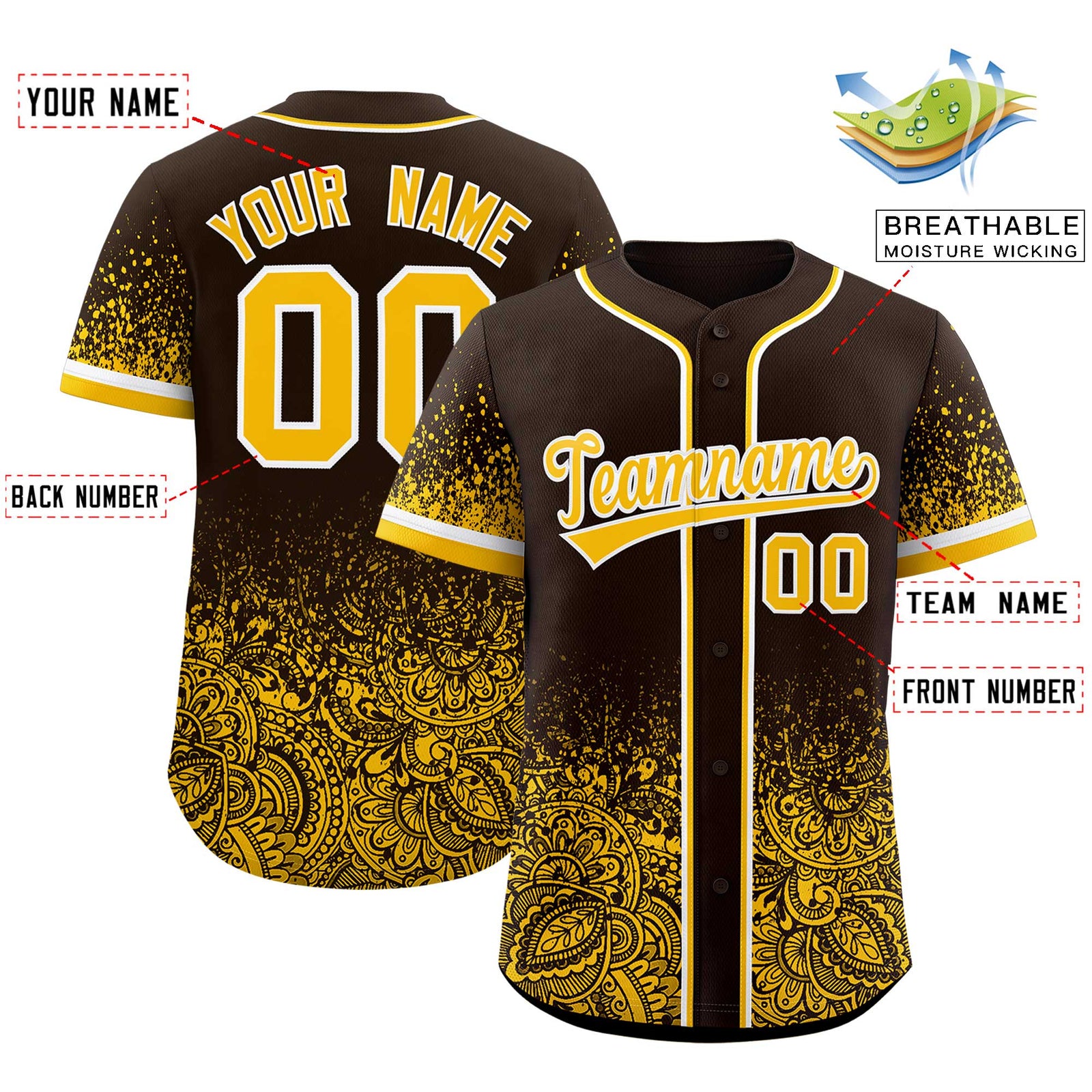 Custom Brown Yellow Floral Print Pattern Full Button Gradient Fashion Baseball Jersey