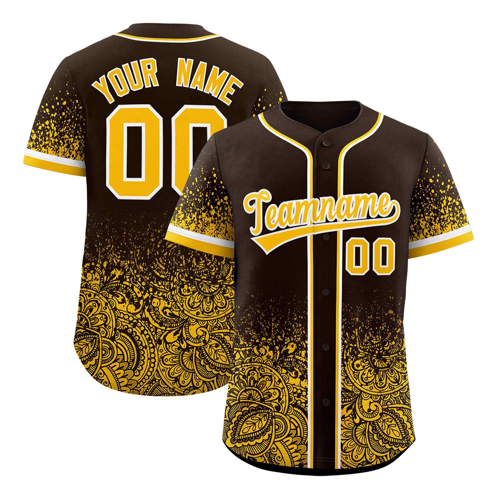 Custom Brown Yellow Floral Print Pattern Full Button Gradient Fashion Baseball Jersey