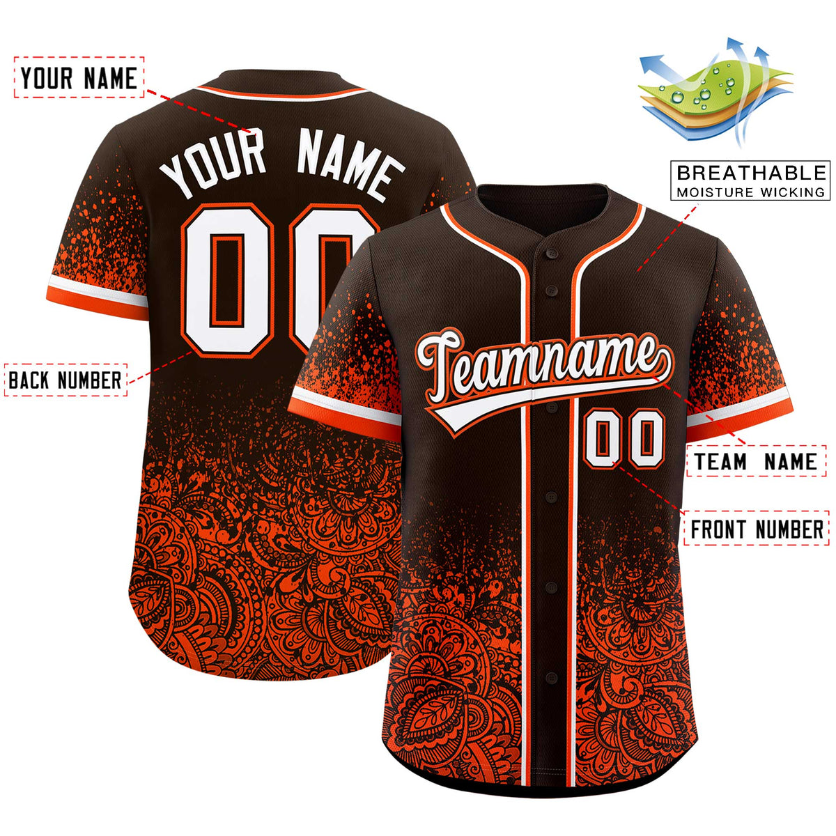 Custom Brown Orange Floral Print Pattern Full Button Gradient Fashion Baseball Jersey
